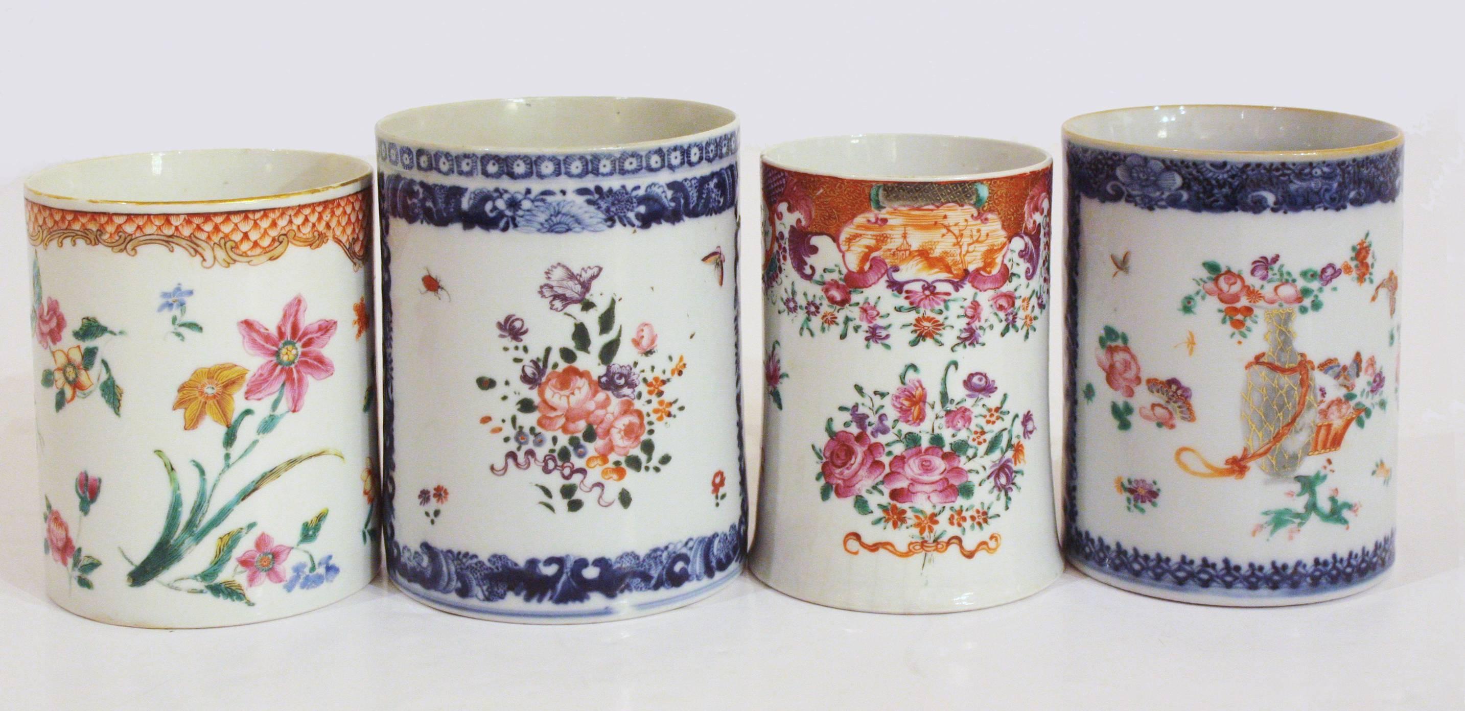 Mugs are for sale as a set of three or individually
Left: Sold
Top: Chinese Export Canton blue white polychrome tankard. One large panel with vase and flowers, four small panels flanking handle. Measure: 3.75