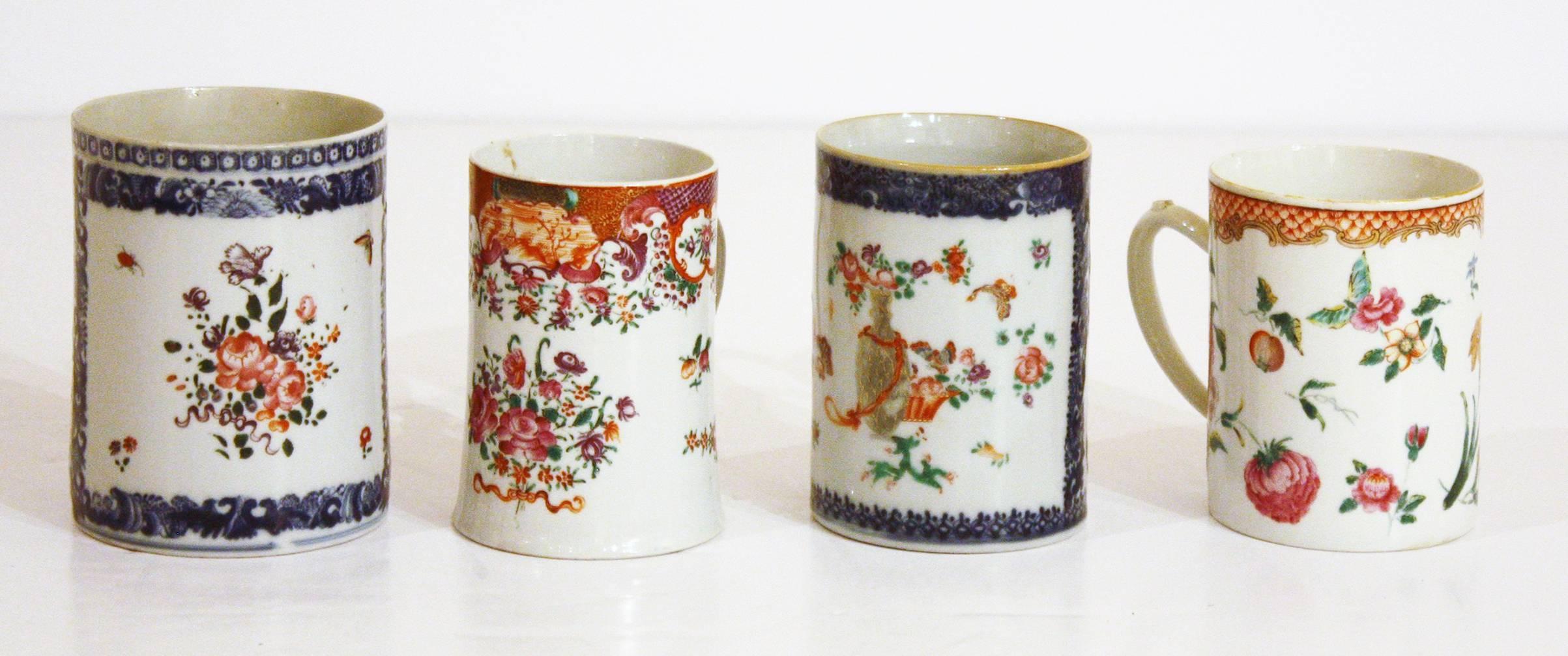 Hand-Painted Late 18th-Early 19th Century Chinese Export Mugs, Tankards