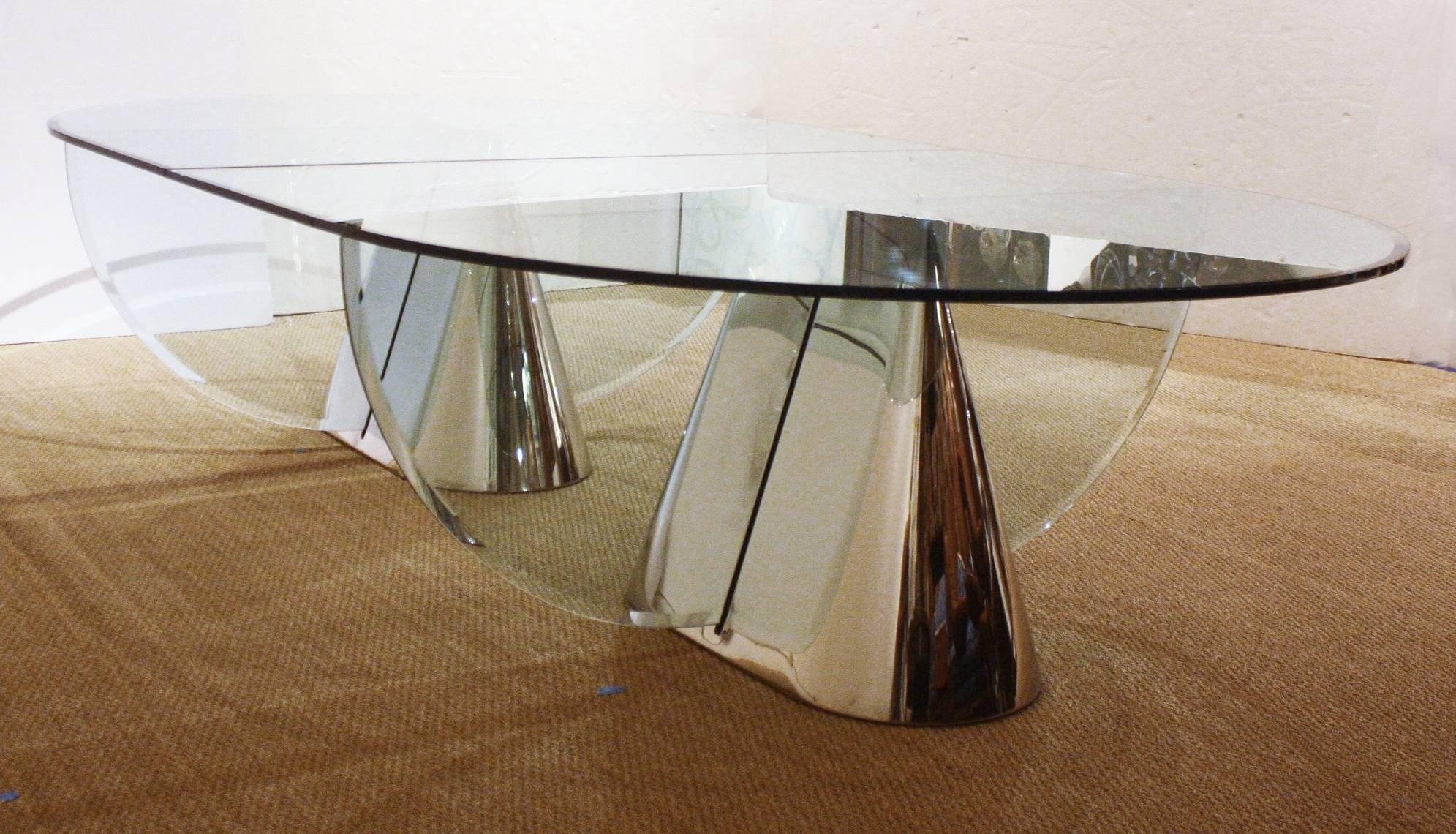 Mid-Century Modern Two Brueton Pinnacle Table Bases Designed by Jay Wade Beam with Custom Glass Dem