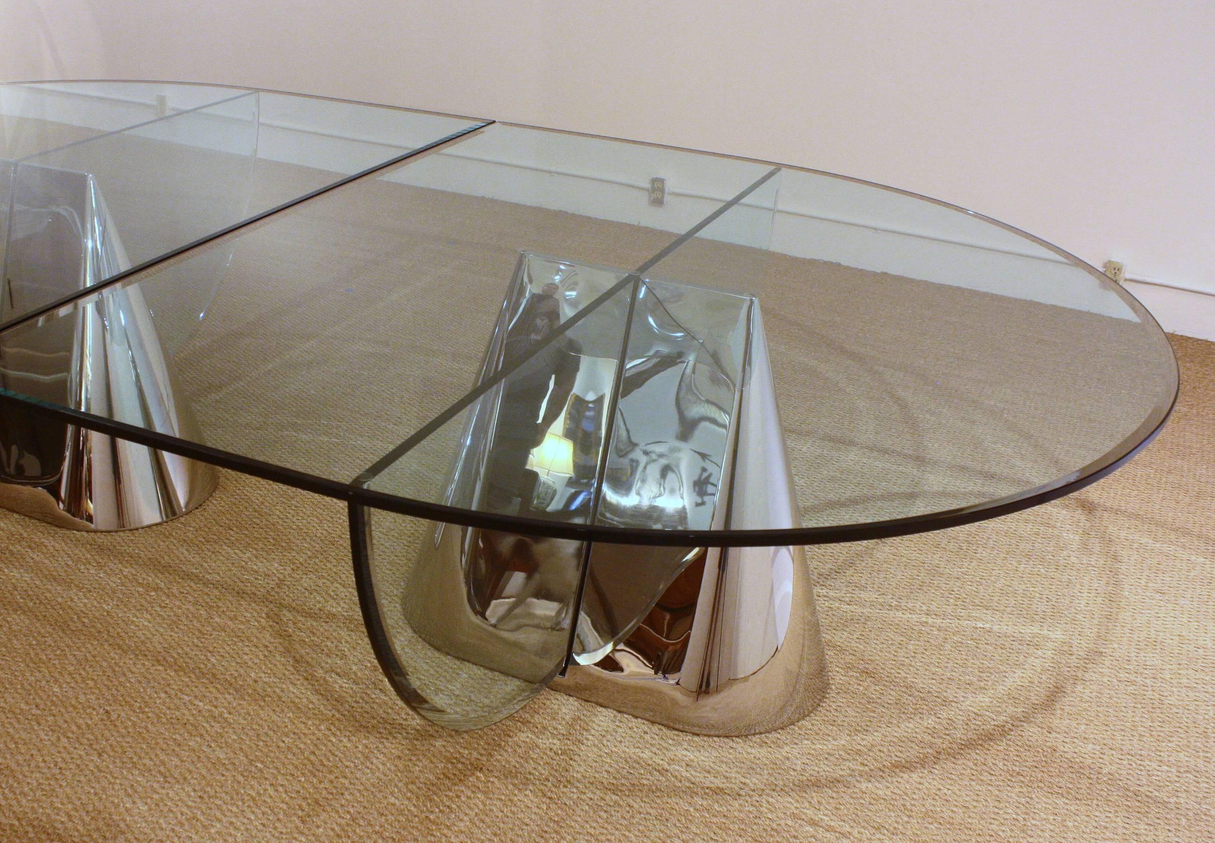Two Brueton Pinnacle Table Bases Designed by Jay Wade Beam with Custom Glass Dem In Excellent Condition In Dallas, TX