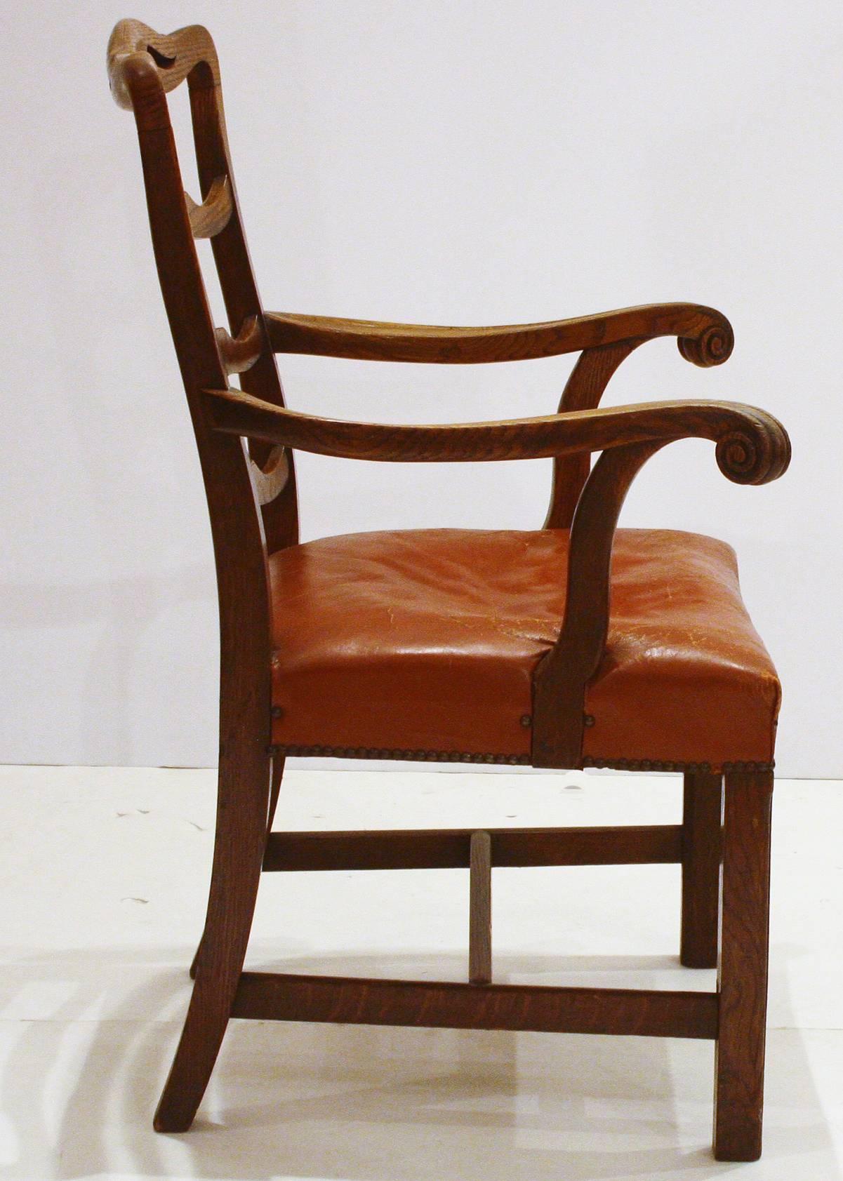 Georgian English Host Chair / Ladderback Armchair with British Tan Saddle Leather Seat