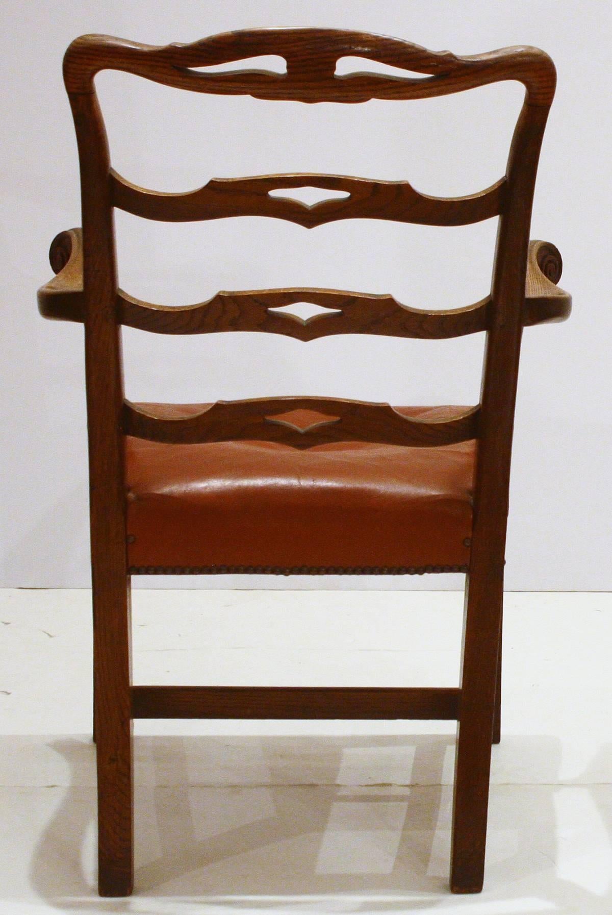 Hand-Carved English Host Chair / Ladderback Armchair with British Tan Saddle Leather Seat