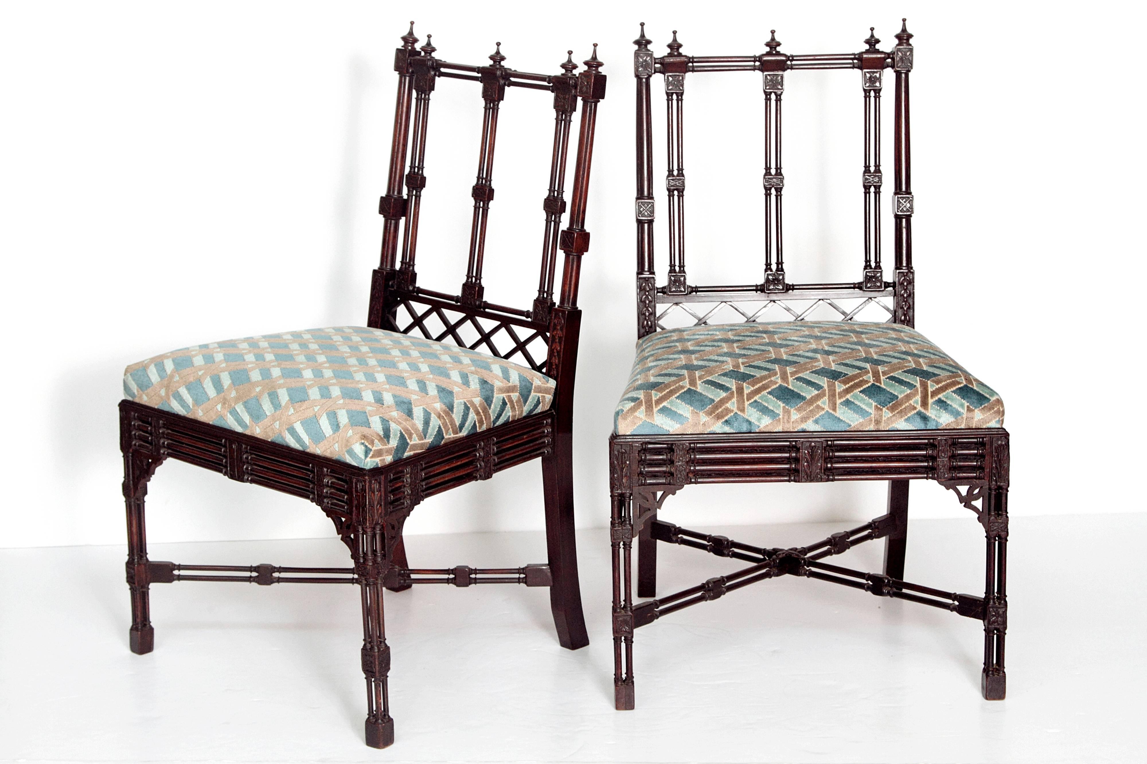 A group of late 19th century mahogany Georgian Revival Chinese Chippendale style chairs. Backs have delicate spindles and 