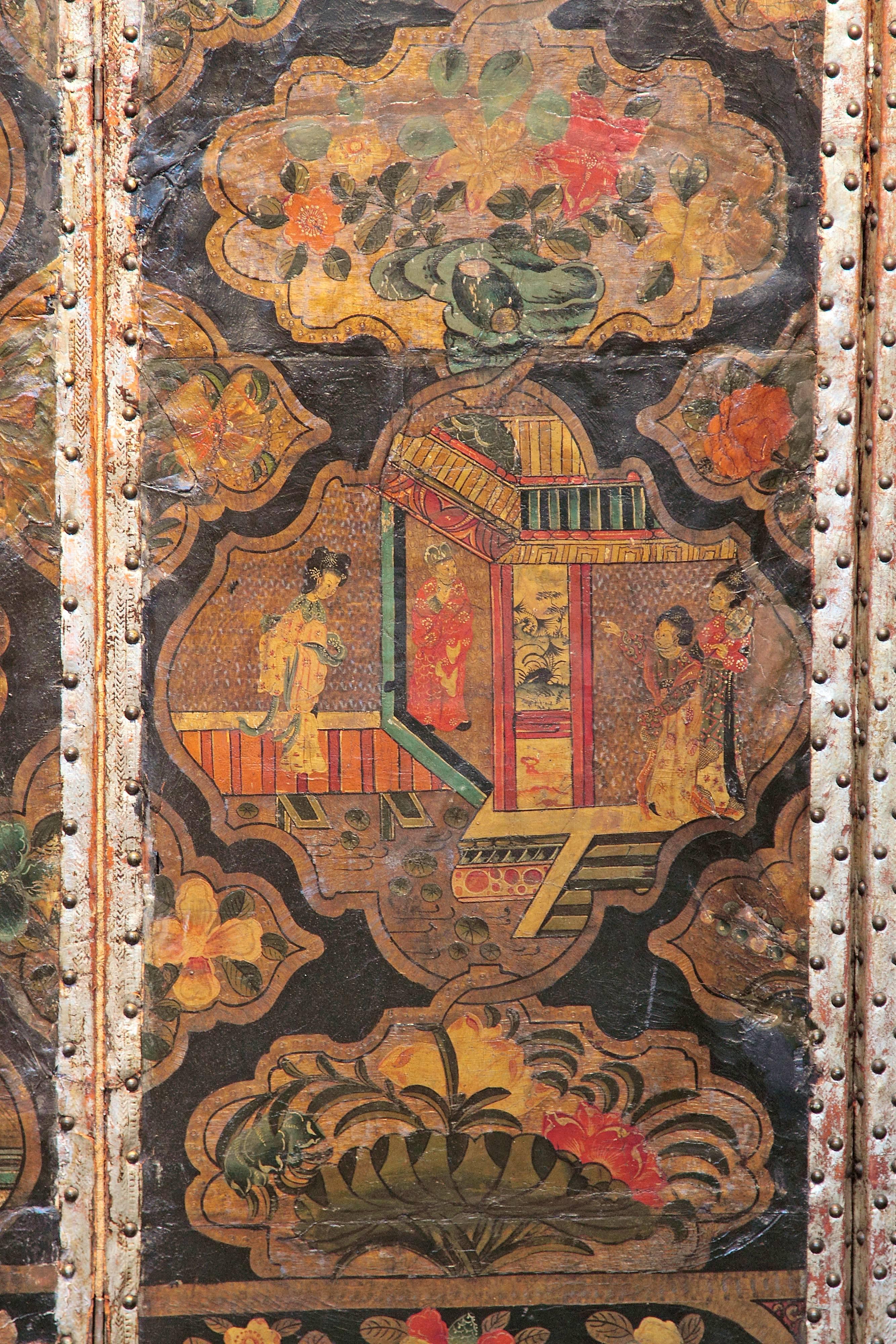 English Large Chinoiserie Six-Panel Painted Leather Screen