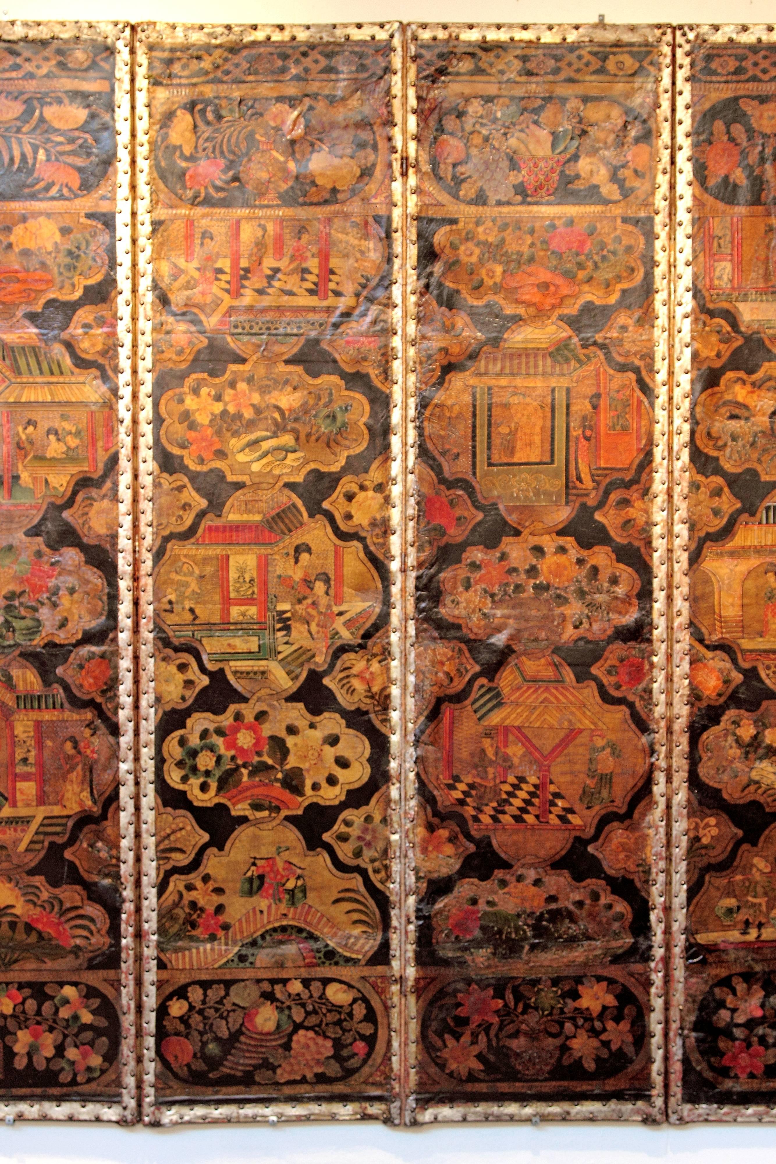Embossed Large Chinoiserie Six-Panel Painted Leather Screen