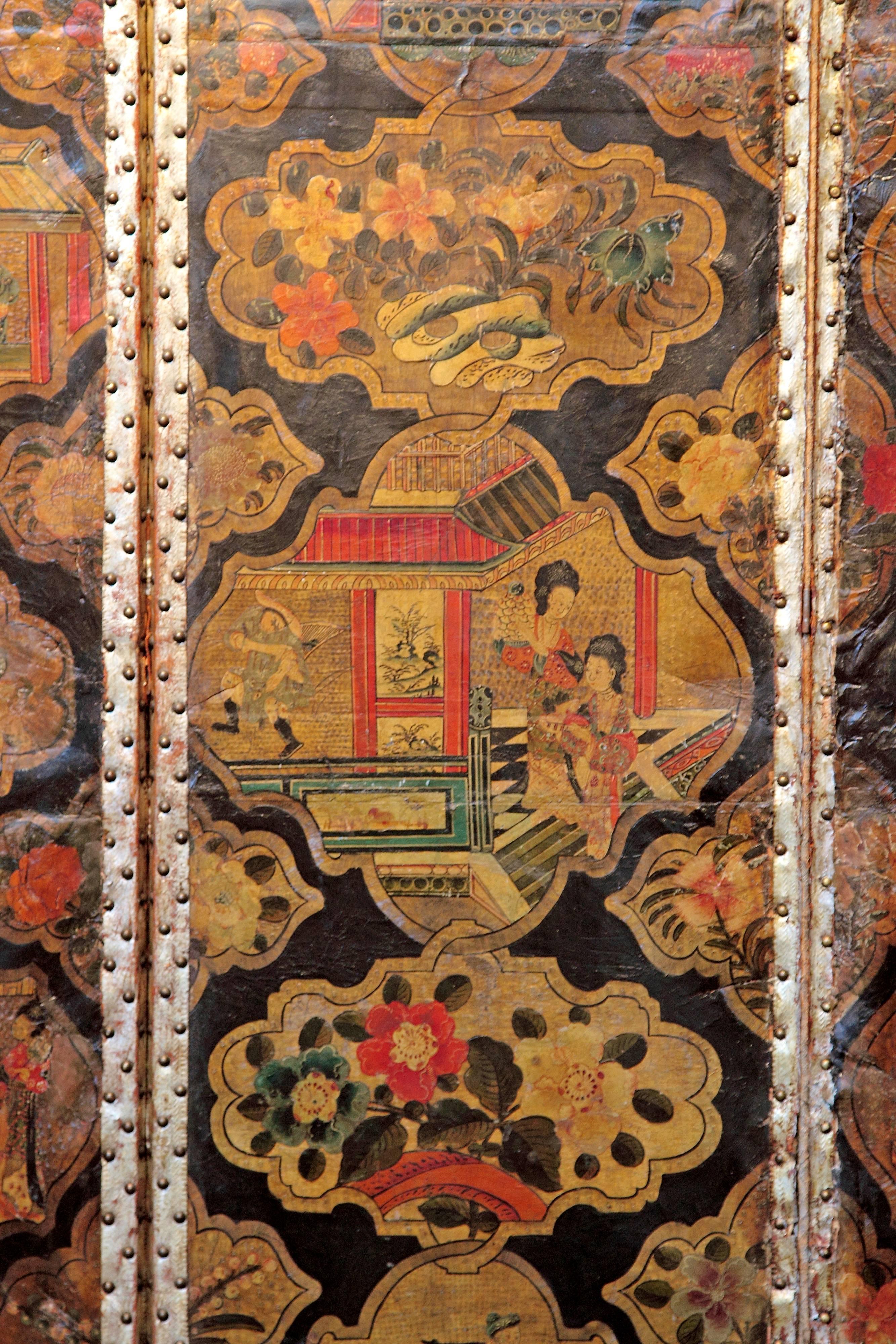Large Chinoiserie Six-Panel Painted Leather Screen In Good Condition In Dallas, TX
