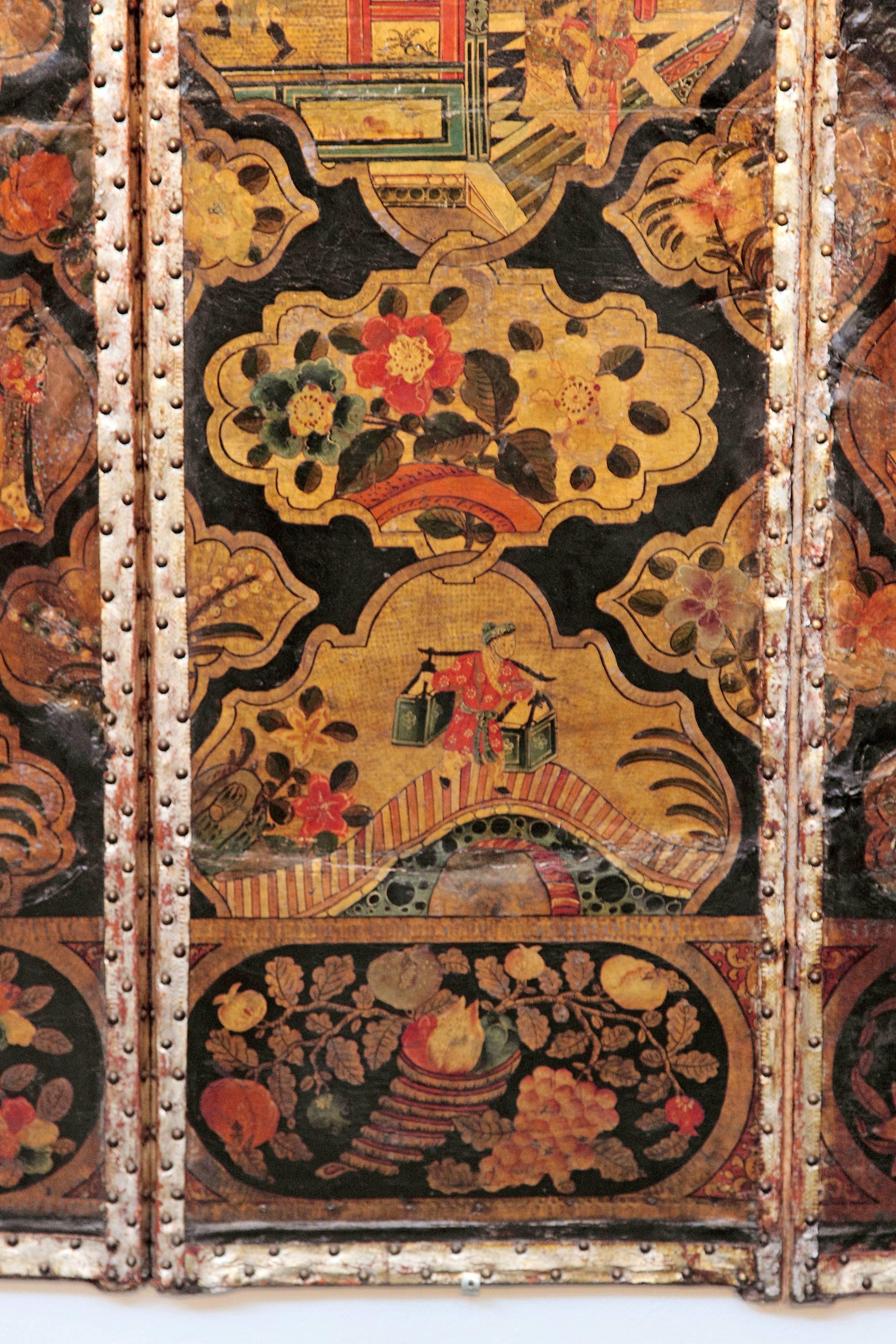 19th Century Large Chinoiserie Six-Panel Painted Leather Screen