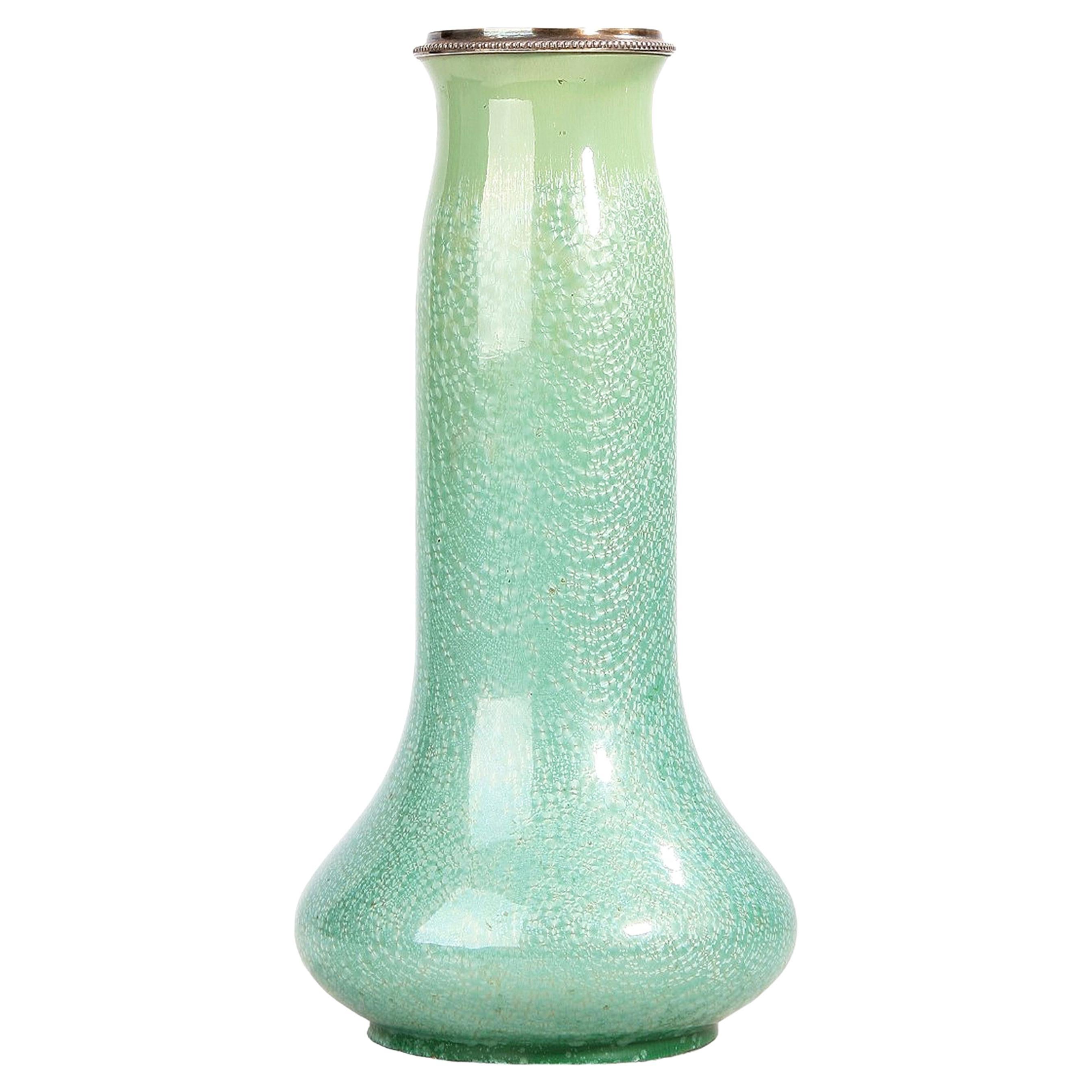 20th Century Art Nouveau Green Ceramic Vase with Silver Rim/Collar, Austria