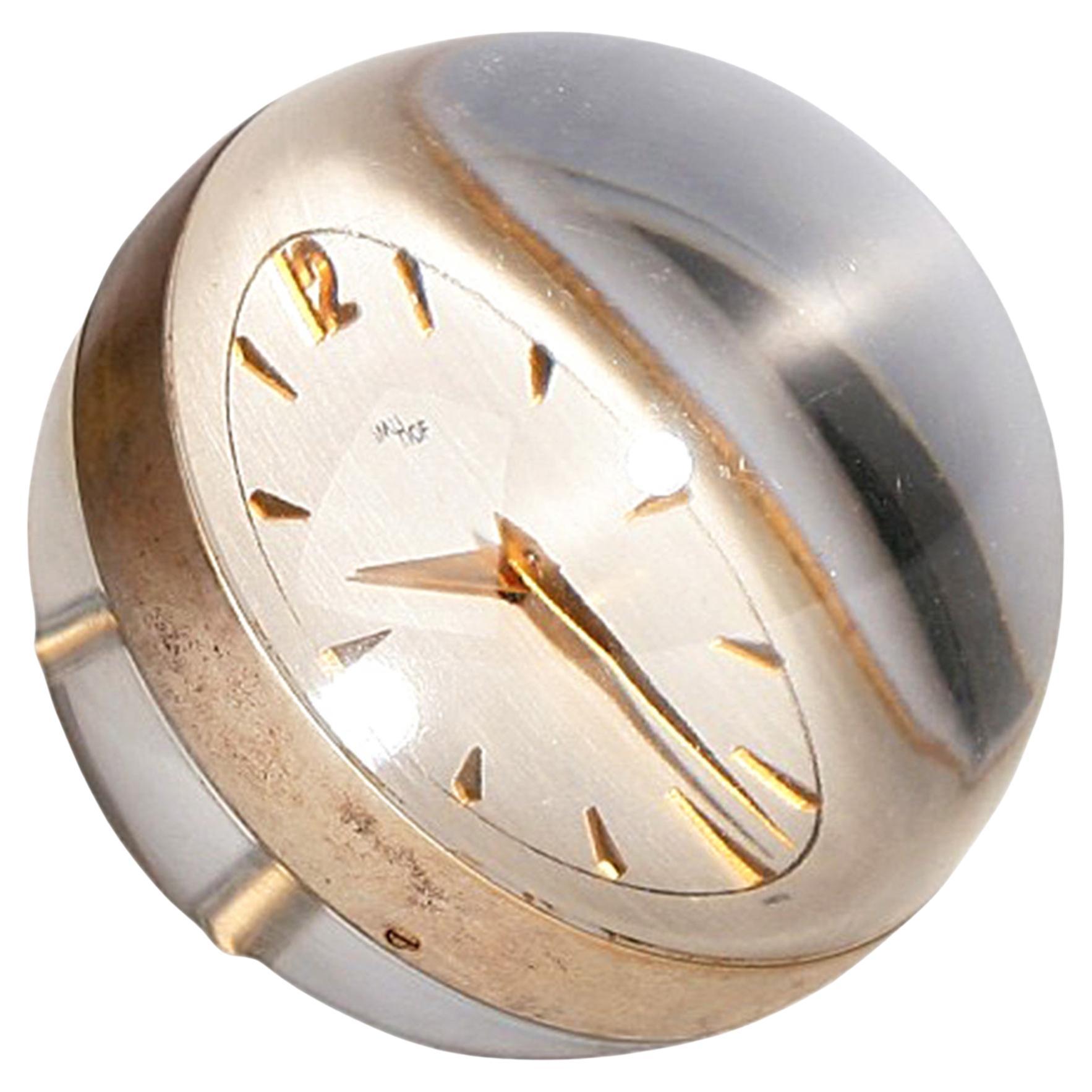 1960s Lucite and Gilt Brass Sphere/Ball Paperweight Clock by Swiss Arthur Imhof