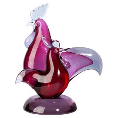 Mid-20th Century Rooster and Hen Seguso Murano Glass Colorful Sculpture, Italy