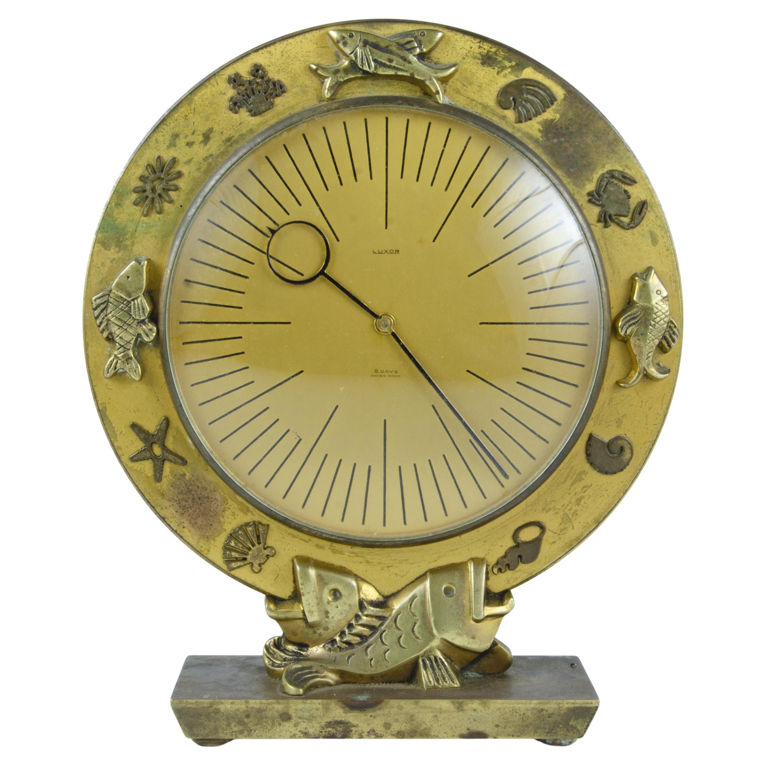 Mid-20th Century Luxor Swiss 8-Day Movement Bronze Table Clock with Marine Motif For Sale