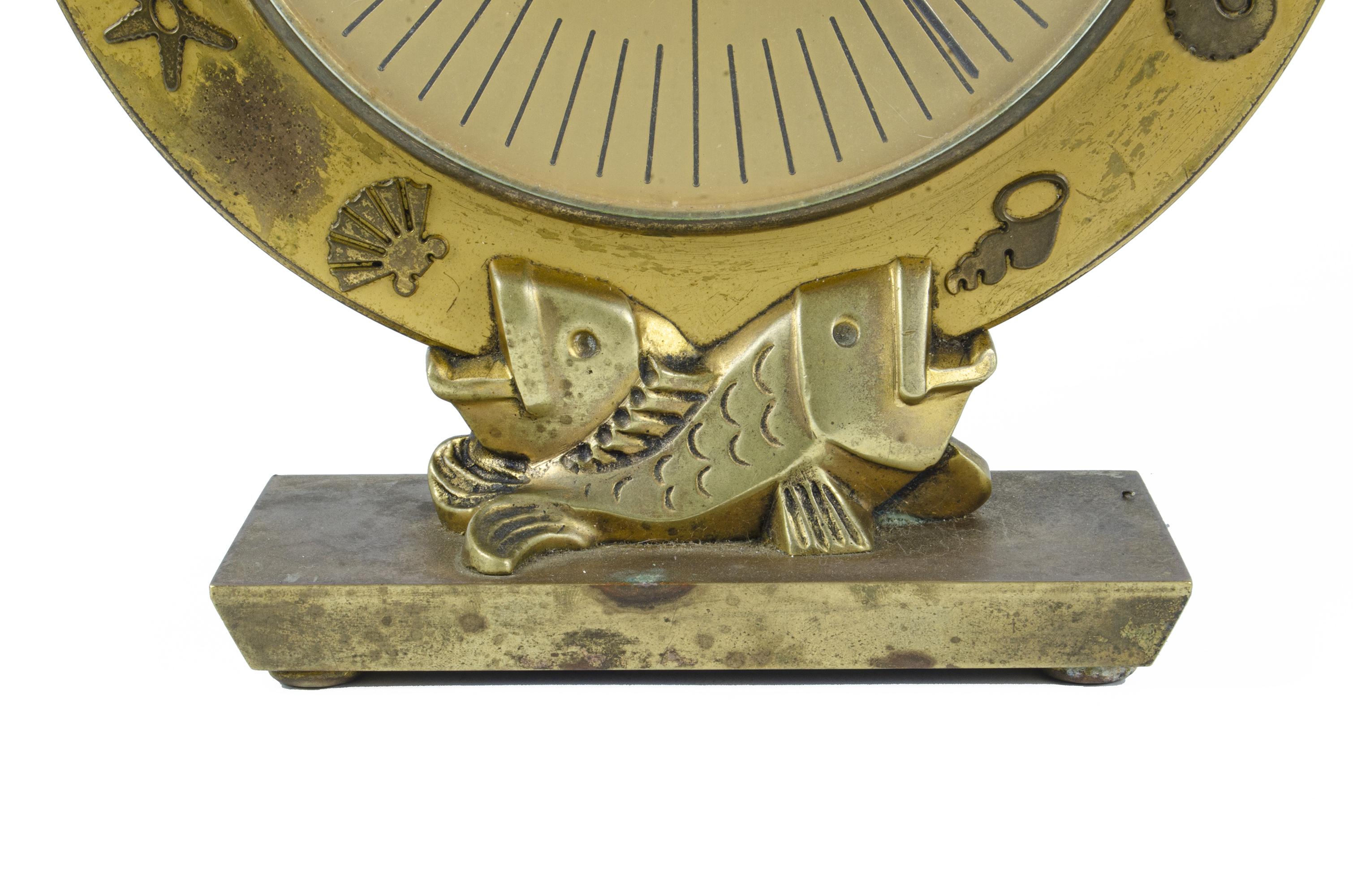Metal Mid-20th Century Luxor Swiss 8-Day Movement Bronze Table Clock with Marine Motif For Sale