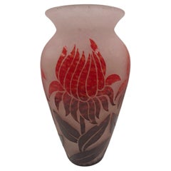 1920s Art Déco Acid-Etched Cameo Glass Vase with Floral Motif by Degué, France