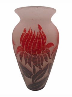 1920s Art Déco Acid-Etched Cameo Glass Vase with Floral Motif by Degué, France