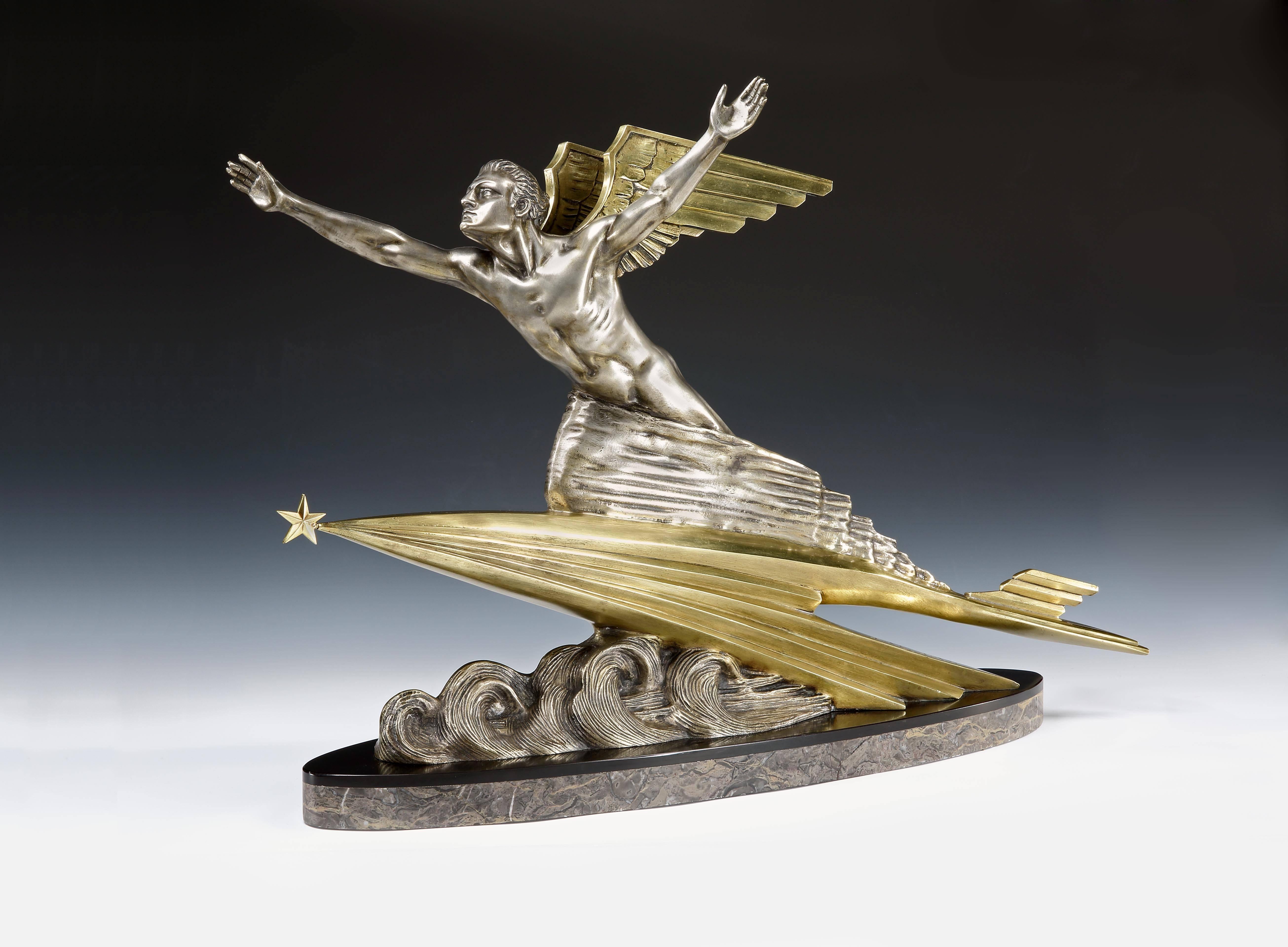 Frederic C. Focht (1879 - 1937)

An extremely atmospheric and evocative Art Deco bronze with silvered and gilded detailing, of a stylized male figure with arms outstretched, riding on top of a Futuristic ‘rocket’ with a crest of swirling clouds