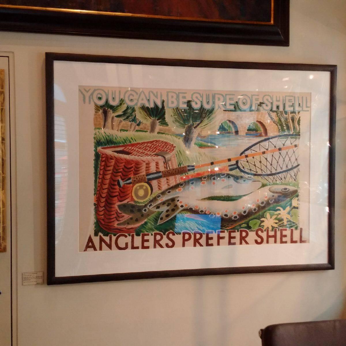 Clifford & Rosemary Ellis (British).
‘Anglers Prefer Shell'. Unusual British advertising poster commissioned by Shell Petrol and Oil in 1935. In the Modern British style, depicting fishing nets and equipment on an English riverbank. 
Framed with