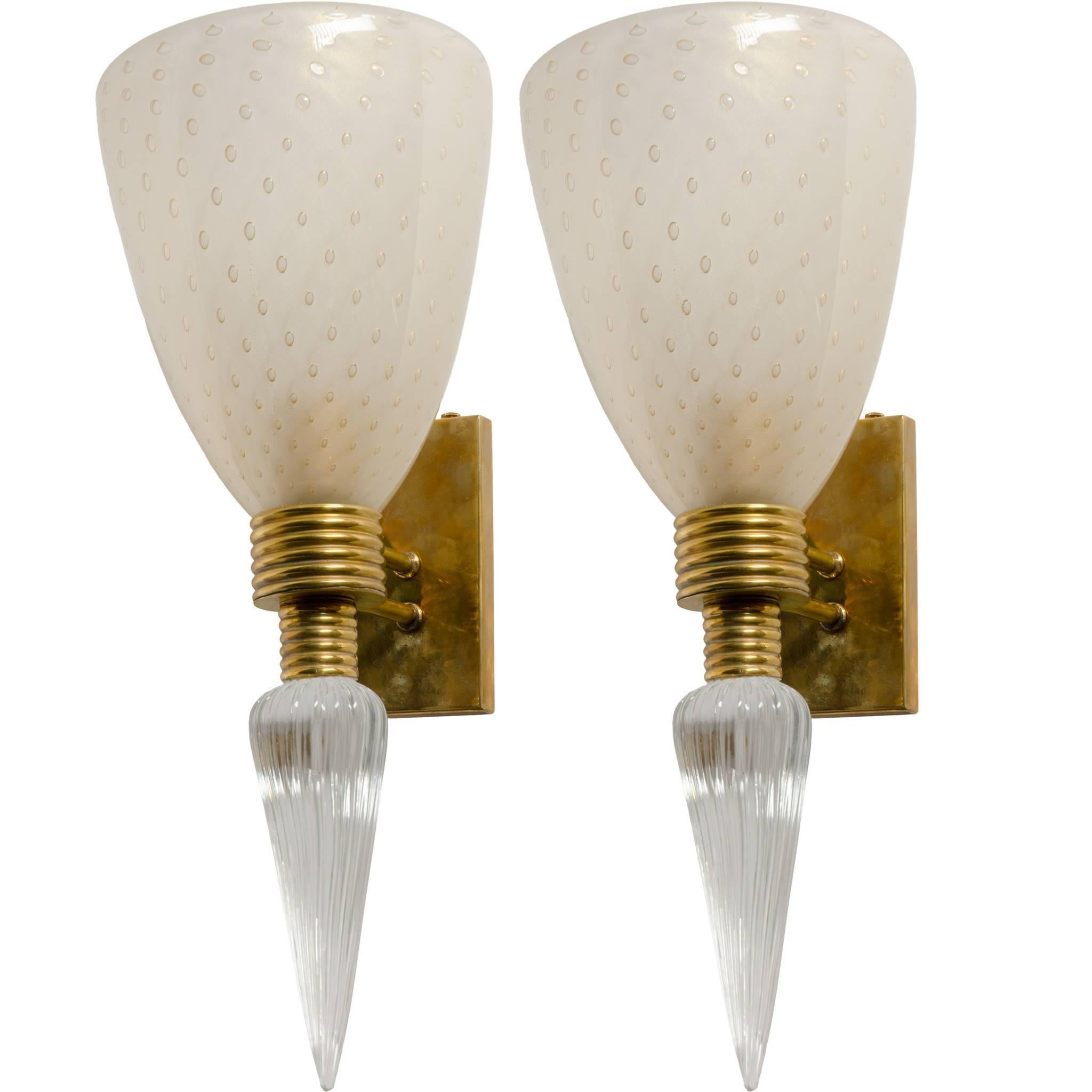 Opaline Sconces with Controlled Bubbles and Inverted Teardrop Finials For Sale