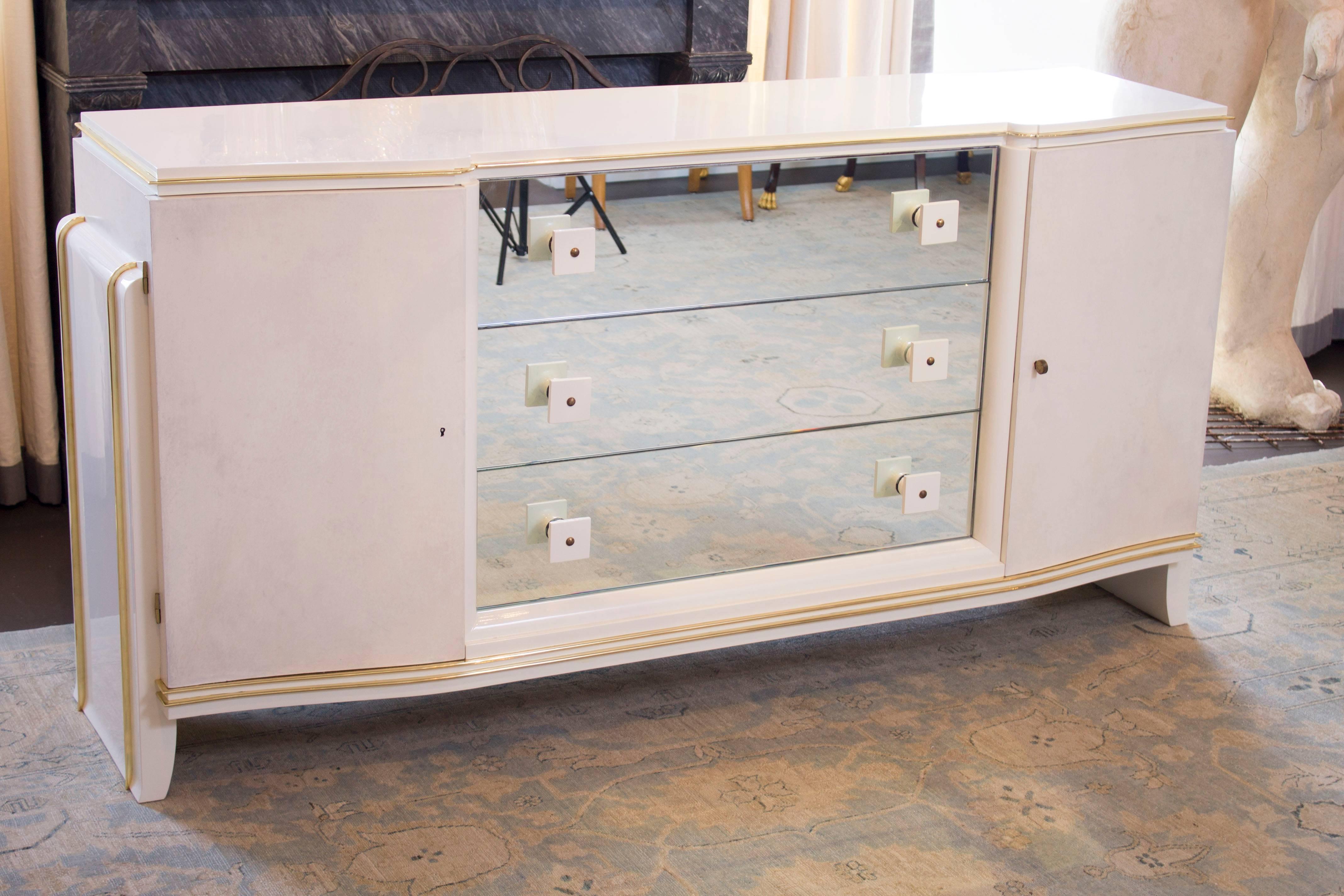 Lacquered French Parchment and White Lacquer Dresser with Brass Inlays For Sale