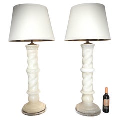 Pair Antique Italian Architectural Alabaster Lamps, Lucite Bases, Spiral Carved