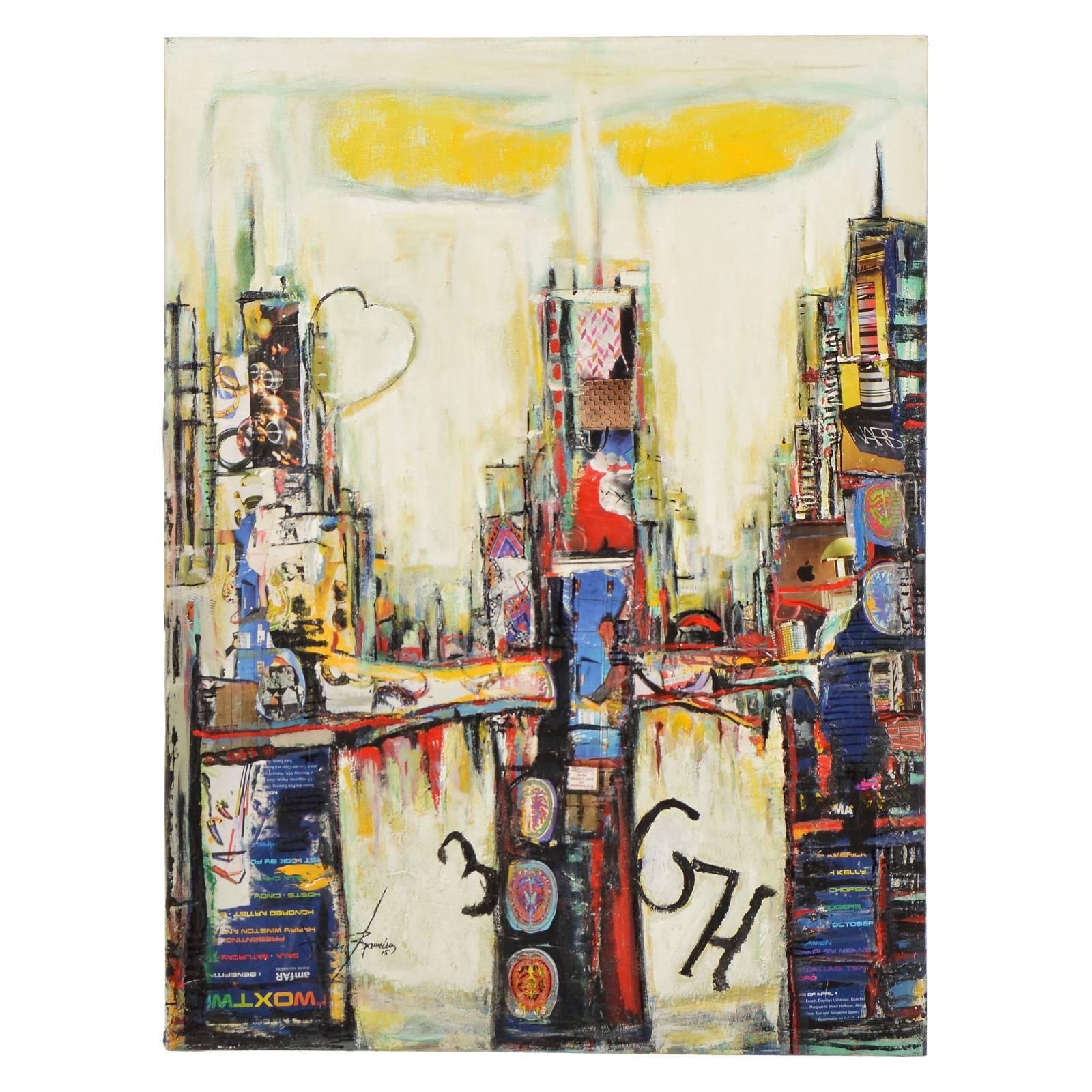 Chicago Cityscape Mixed-Media Collage Signed Original Painting For Sale