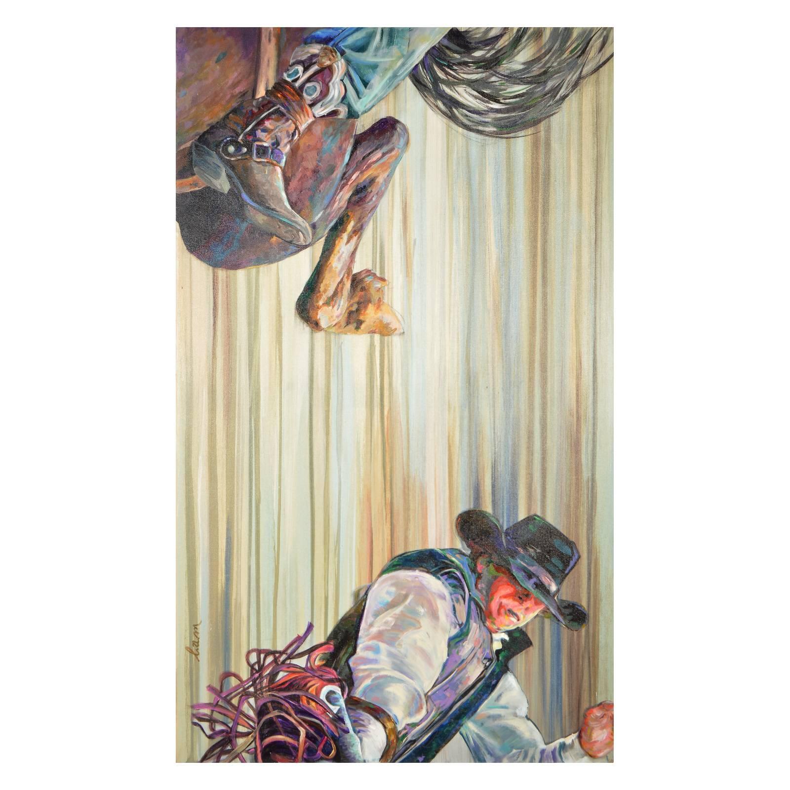 Flipping Cowboy #2 Rodeo Cowboy on a Bronco Horse Original Painting For Sale