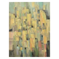 Green Cubist Cityscape Signed Original Painting