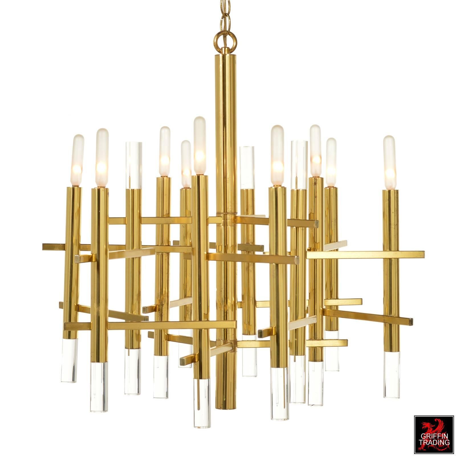 Mid-Century Modern Brass and Lucite Italian Chandelier by Gaetano Sciolari