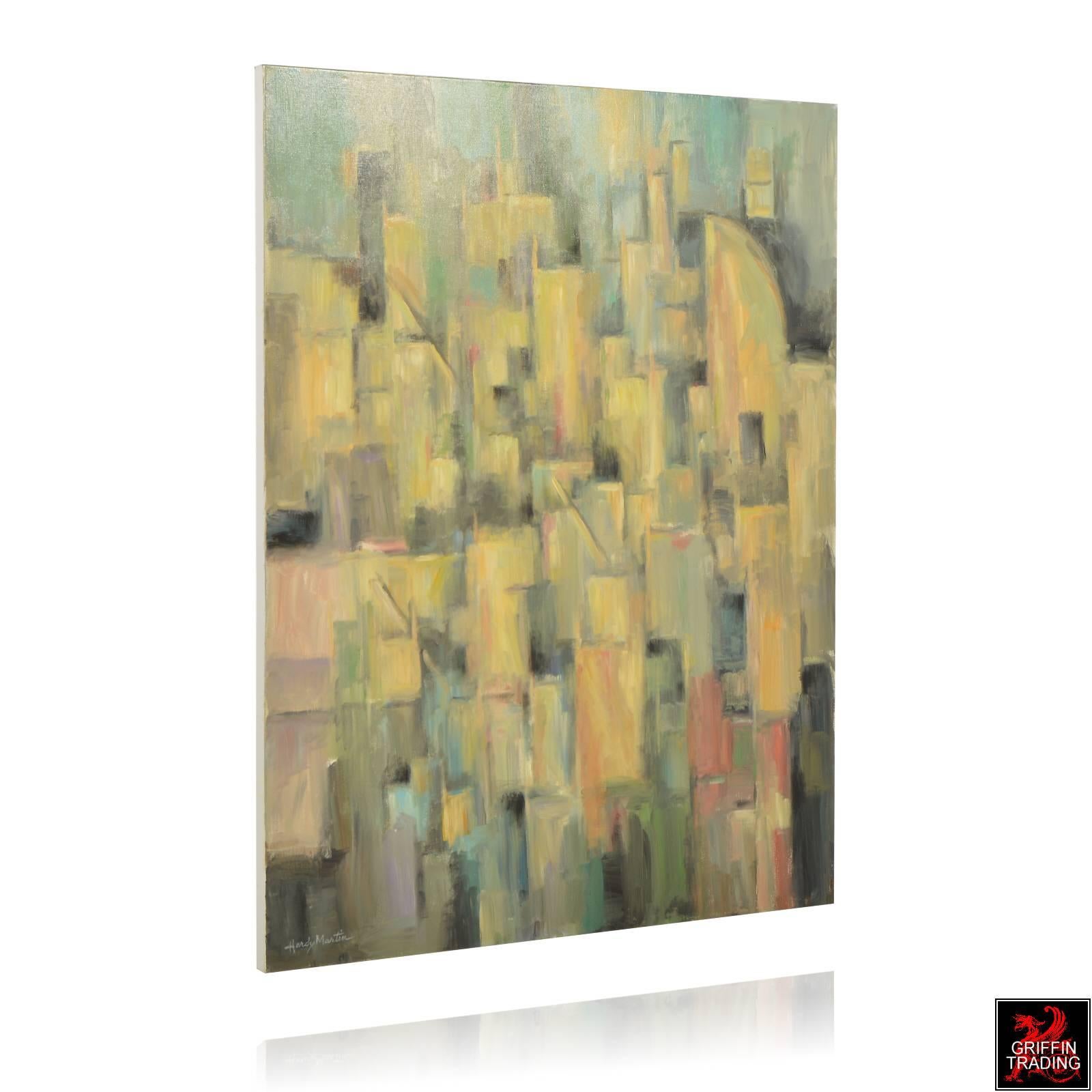 This large Cubist style painting depicts a cityscape filled with geometric forms representing buildings. Looking like a busy Metropolis, the artist captured the look and feel of an antique painting with his use of color and form. His influence was