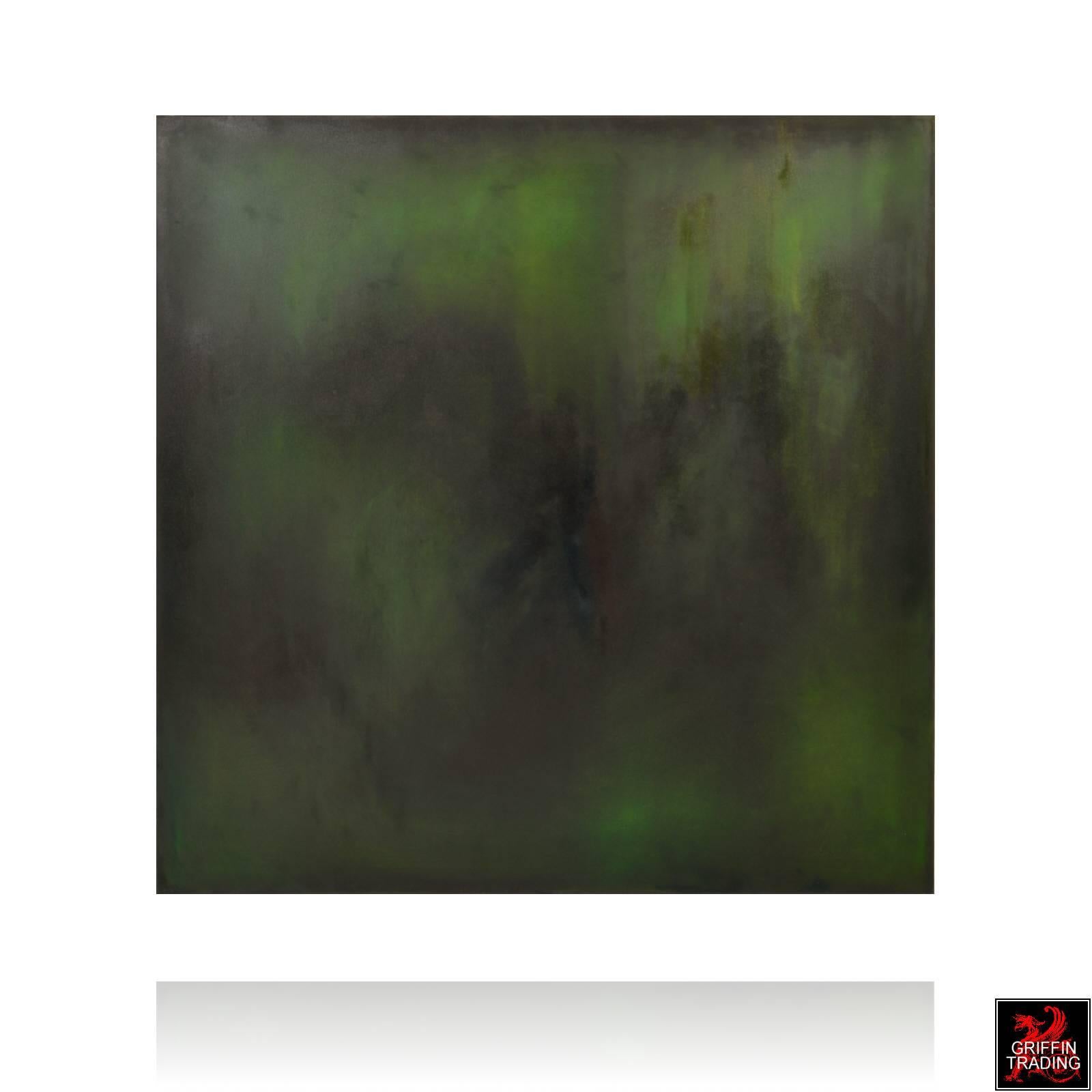 The deep and shadowy green tones of this abstract painting create a stirring feeling when viewed in person. It nebulous appearance reminds us of the northern lights in the evening skies. This is an original painting on a gallery wrapped canvas by