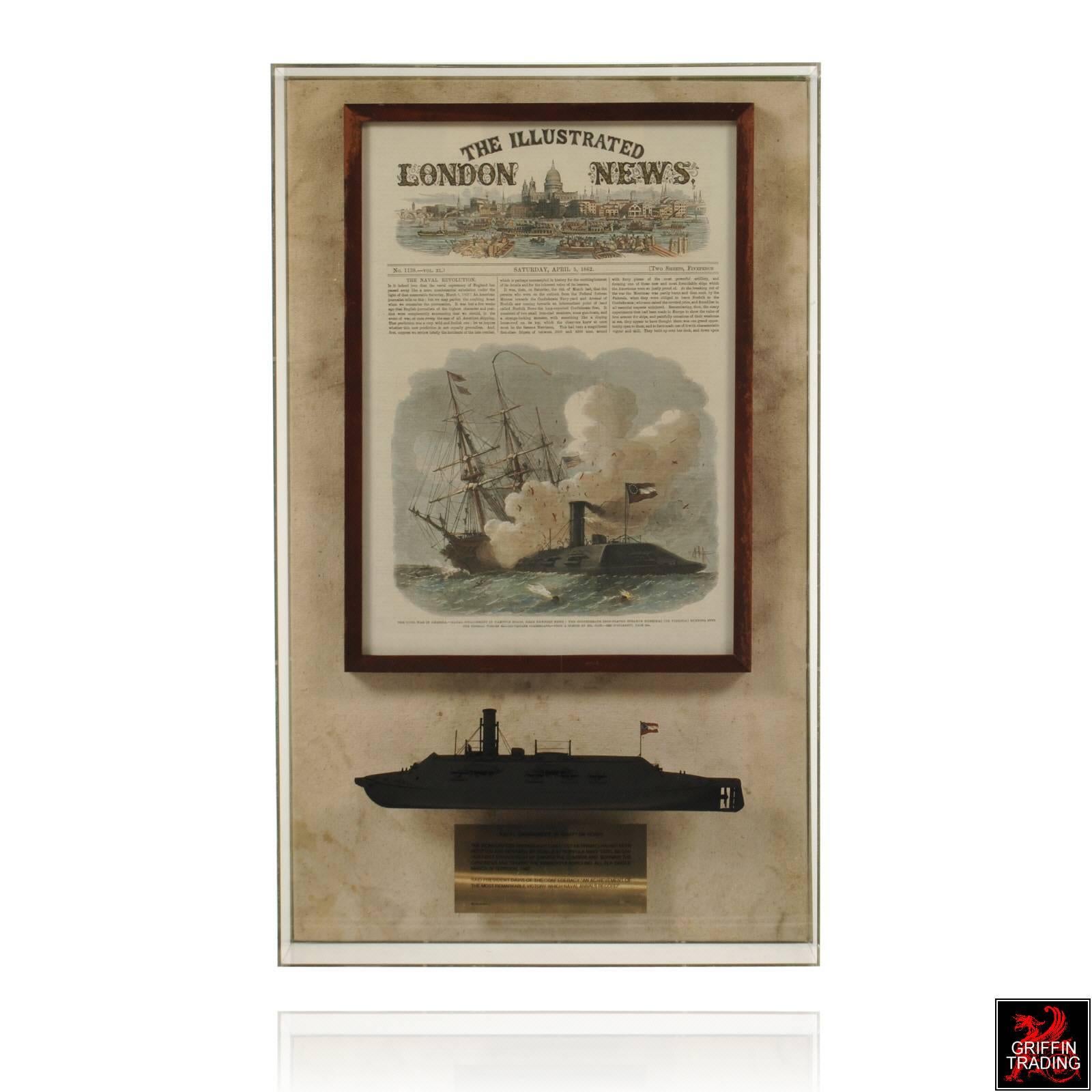 This is a superb scale model of the CSS Virginia, along with the illustrated London newspaper reporting on the Naval battle of Hampton Roads, along with an illustration showing the Virginia ramming into the USS Cumberland, a large three masted,