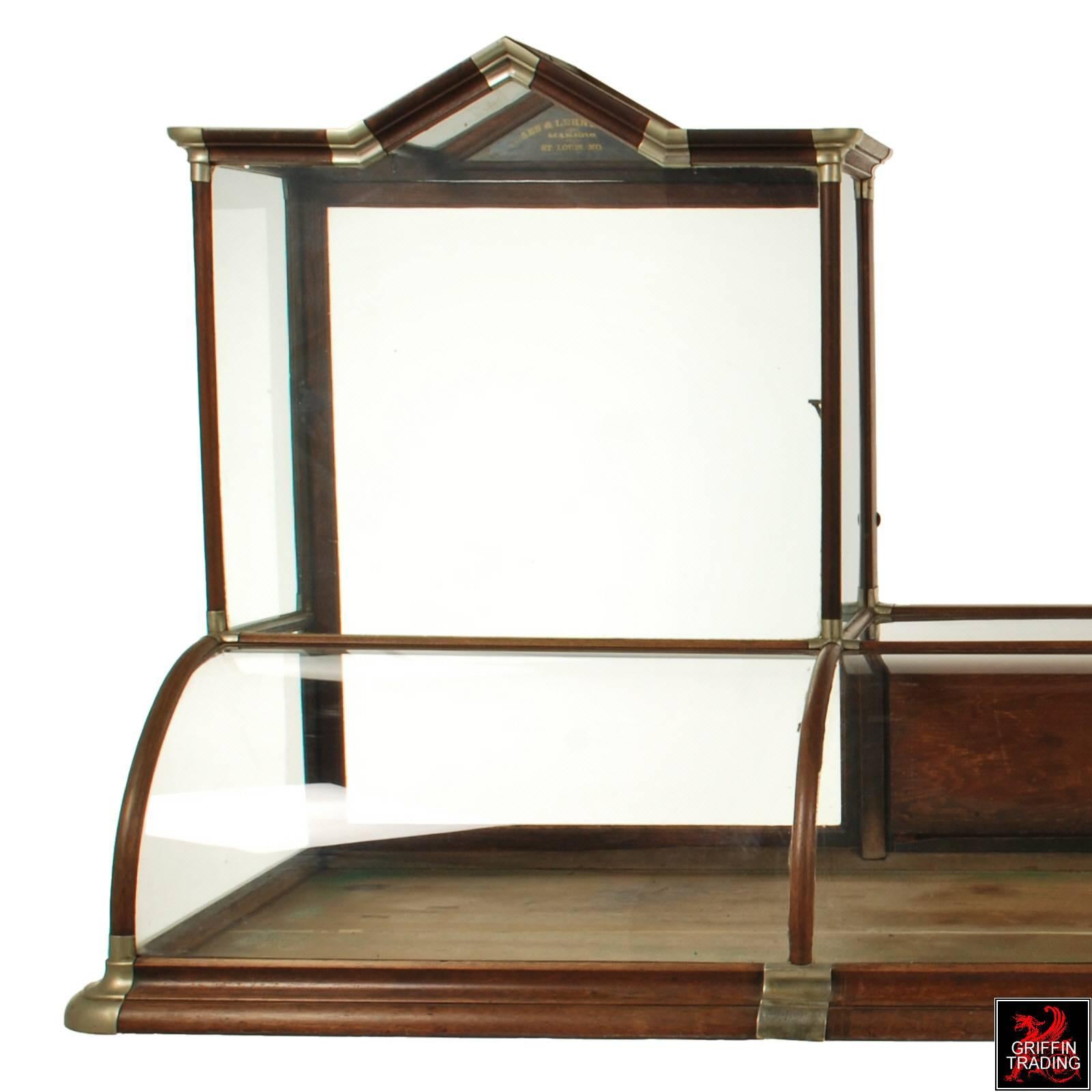 Hand-Crafted Antique Curved Glass Counter Top Showcase or Display Cabinet with Gable Top For Sale