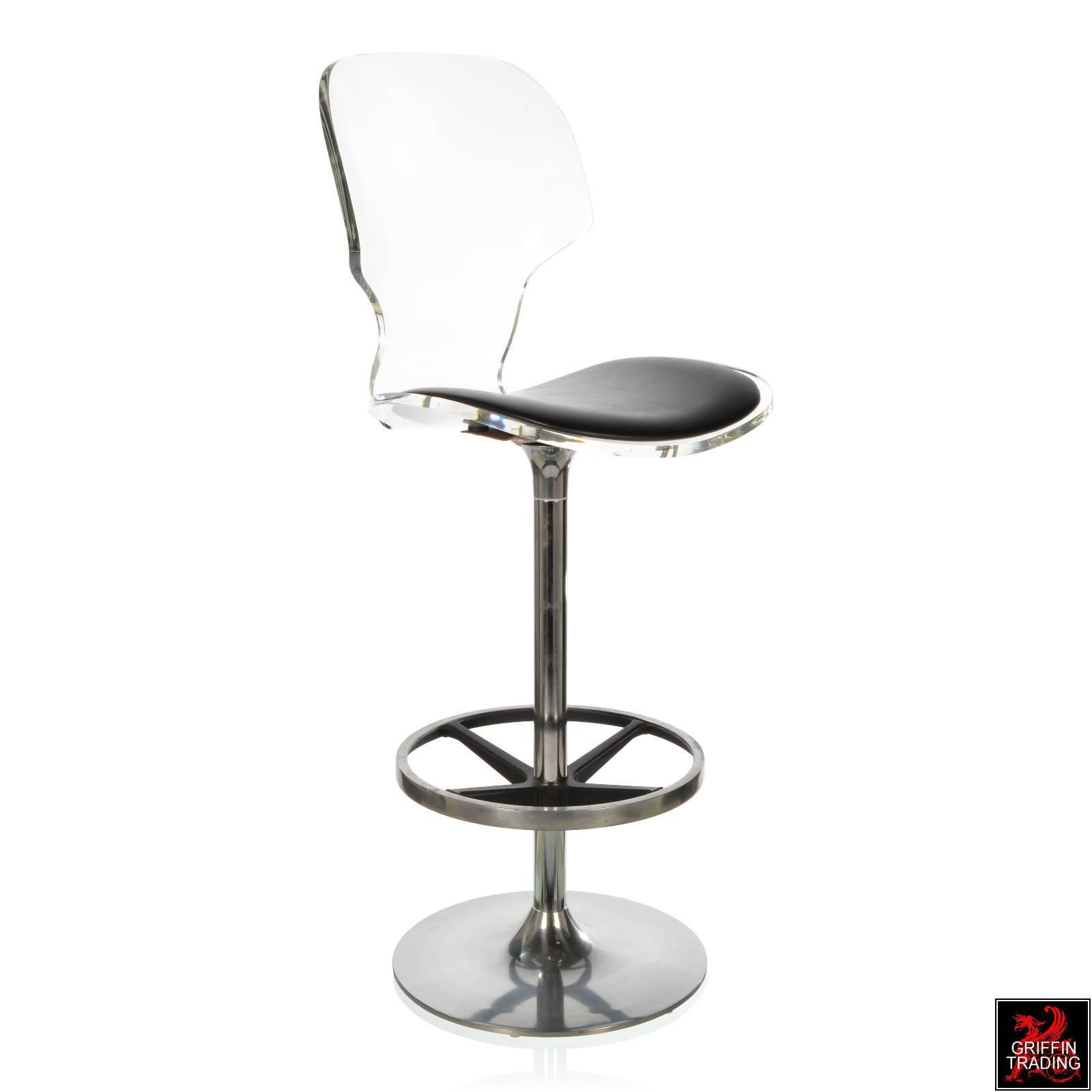 Pair of stylish acrylic bar stools with swivel black vinyl seats made by Creations At Dallas. These are very comfortable stools with shaped high backs made of crystal clear acrylic. Perfect for an unobstructed view across a room. The stools have a
