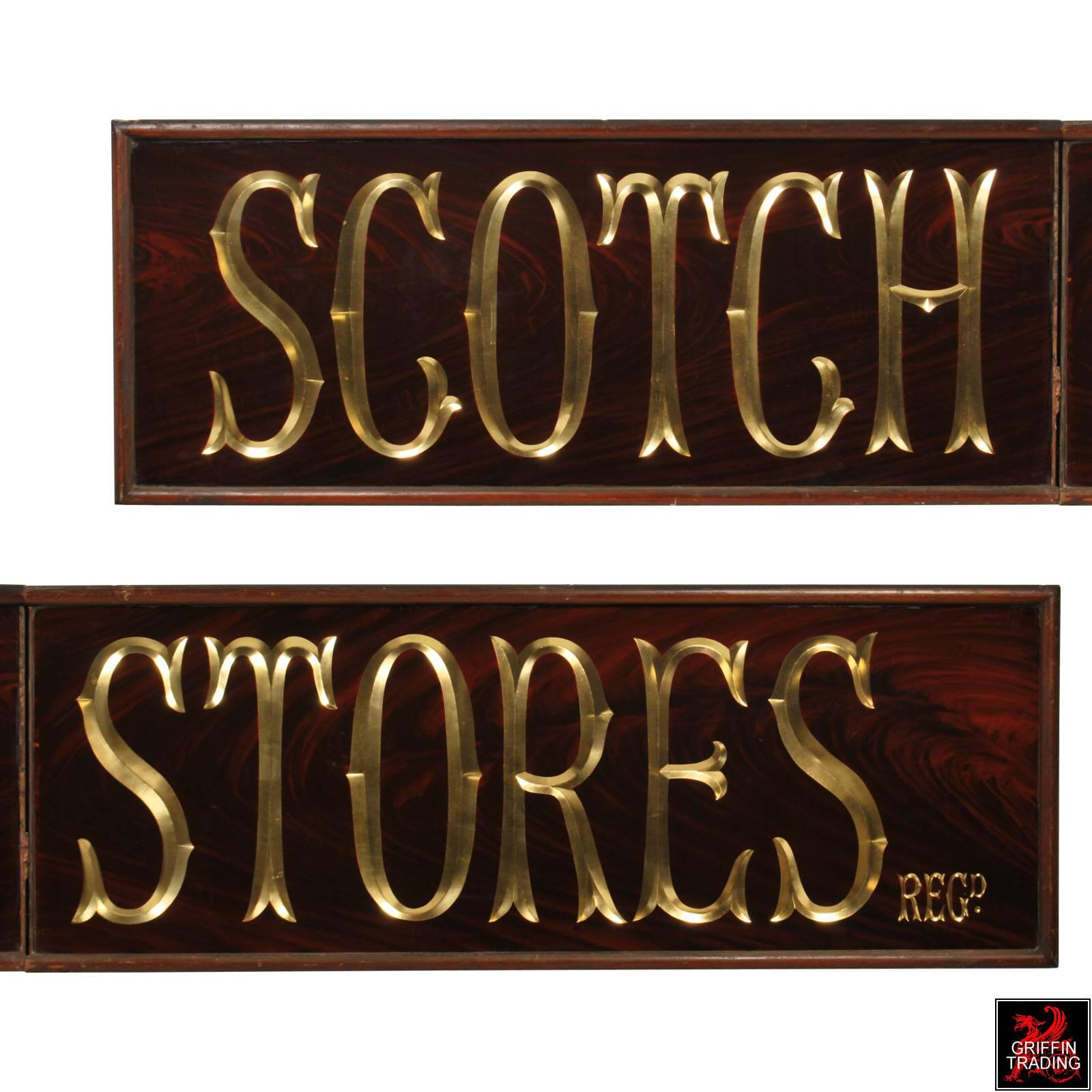 Hand-Carved Scotch Stores Antique Pub Sign with Gold Leaf Lettering For Sale
