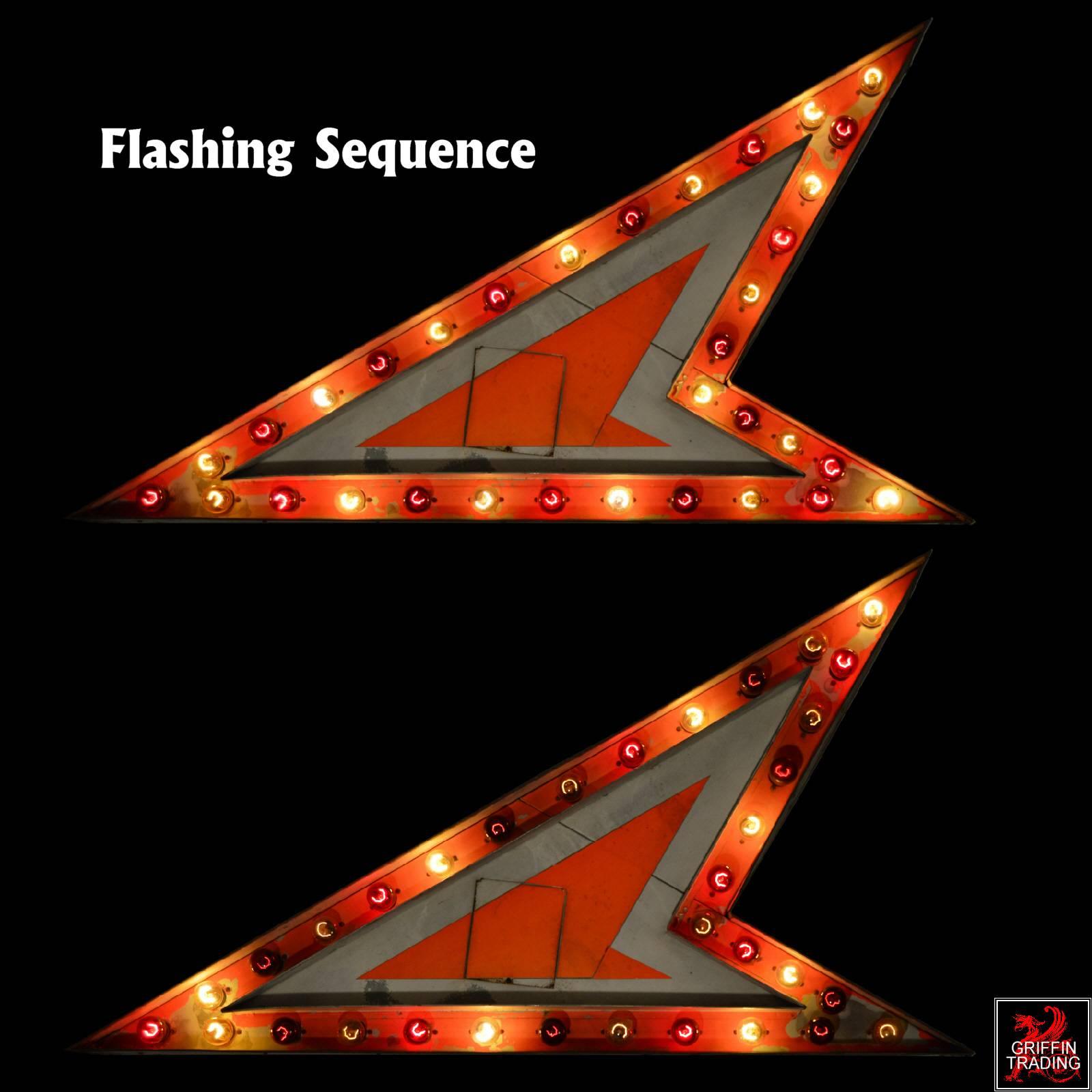 This is an authentic lighted arrow sign from the 1950s-1960s era. Its large sweeping arrowhead design makes it perfect for designating an entrance or designated area. This is a double sided mechanical flashing sign, so the lights flash in sequence
