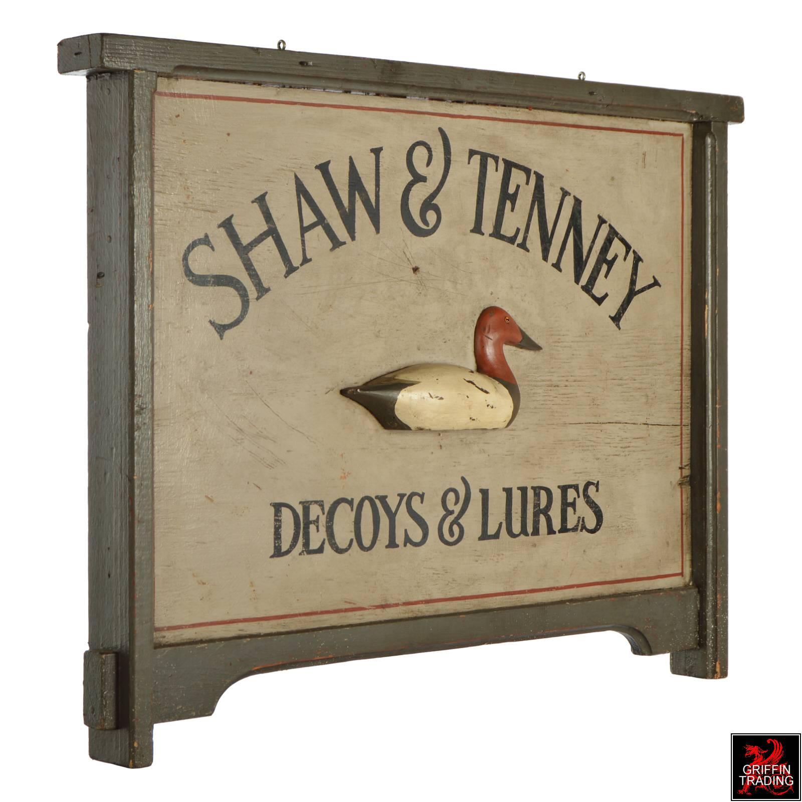 Hand-Carved Shaw and Tenney Decoys and Lures Trade Sign For Sale