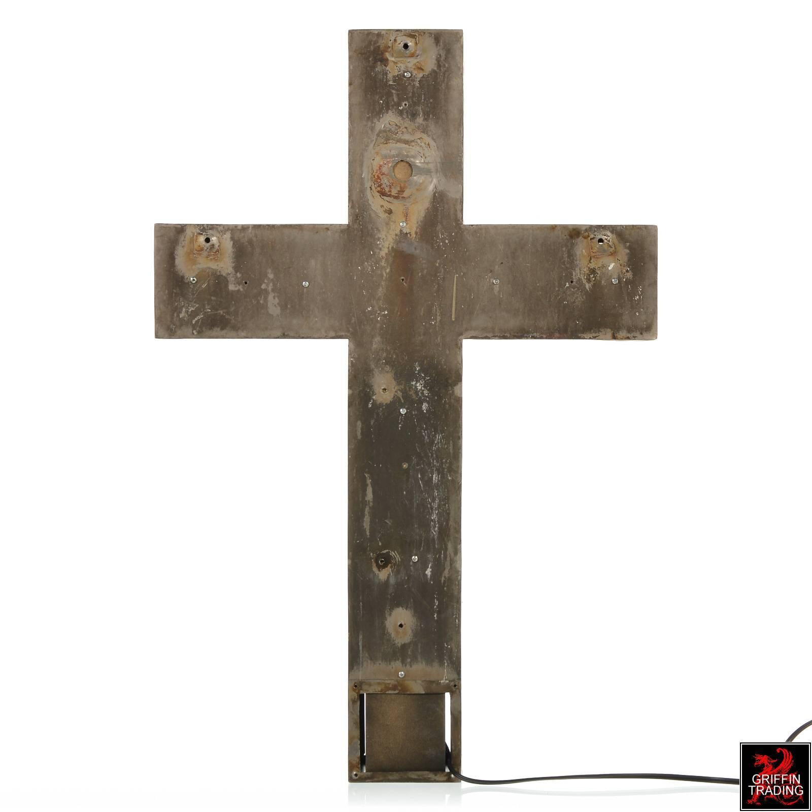 Vintage Lighted Stainless Steel Church Cross Sign For Sale 1