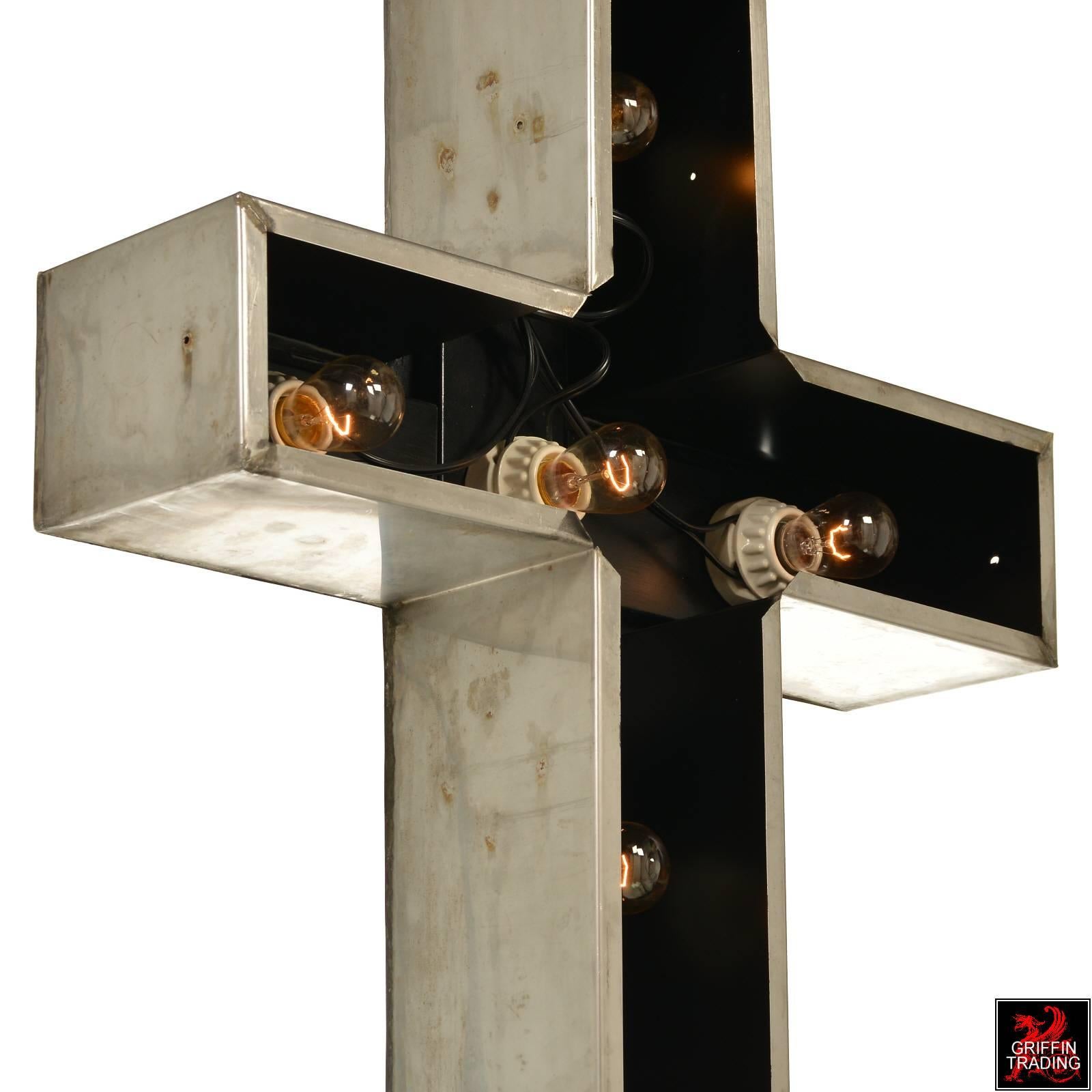 Vintage Lighted Stainless Steel Church Cross Sign In Good Condition For Sale In Dallas, TX