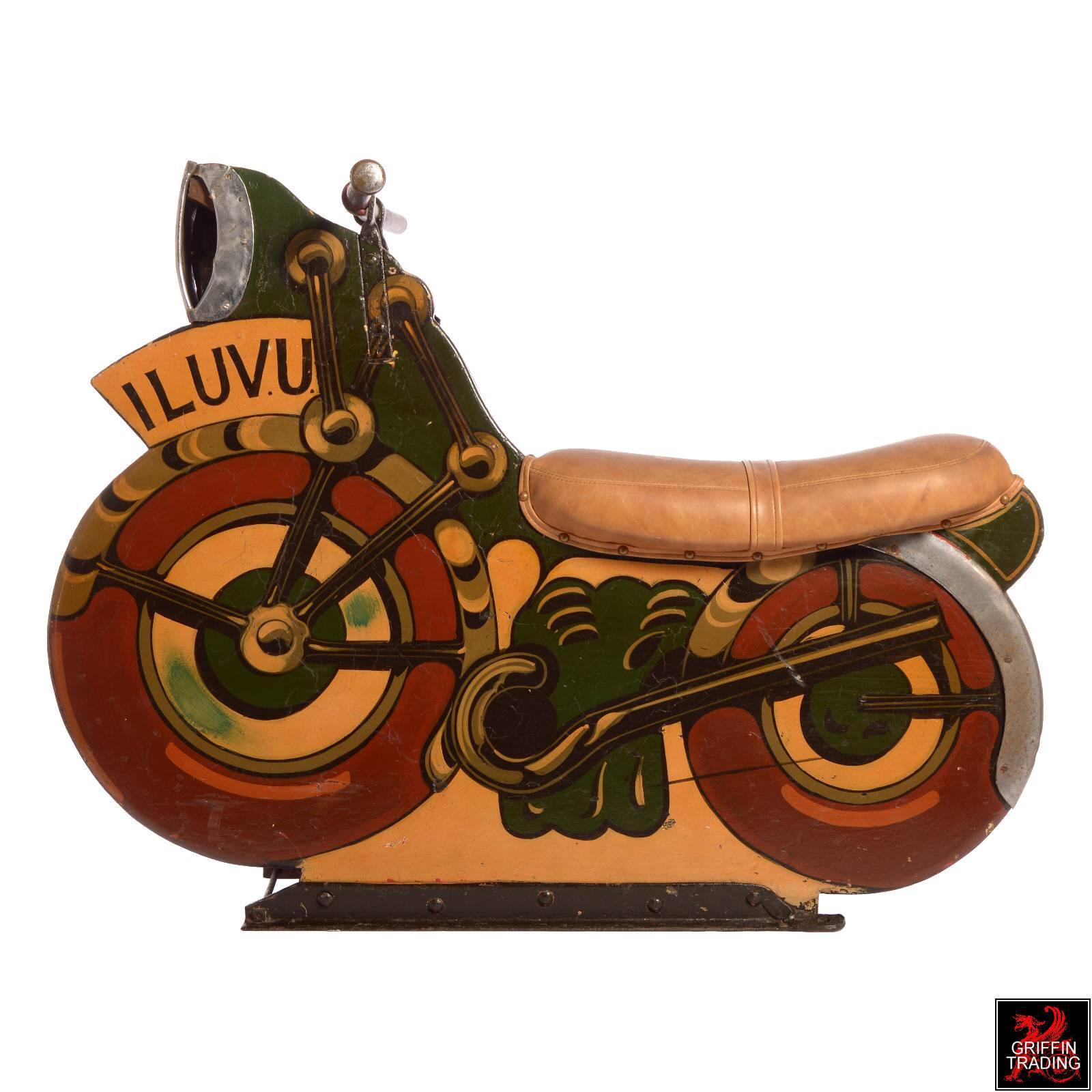 Wow, coolest carousel ride we have ever had. This antique motorcycle is one of the earliest produced for carousels and merry-go-rounds. Love the great style of the motorcycle as well as the painted graphics. What makes this one truly special is that