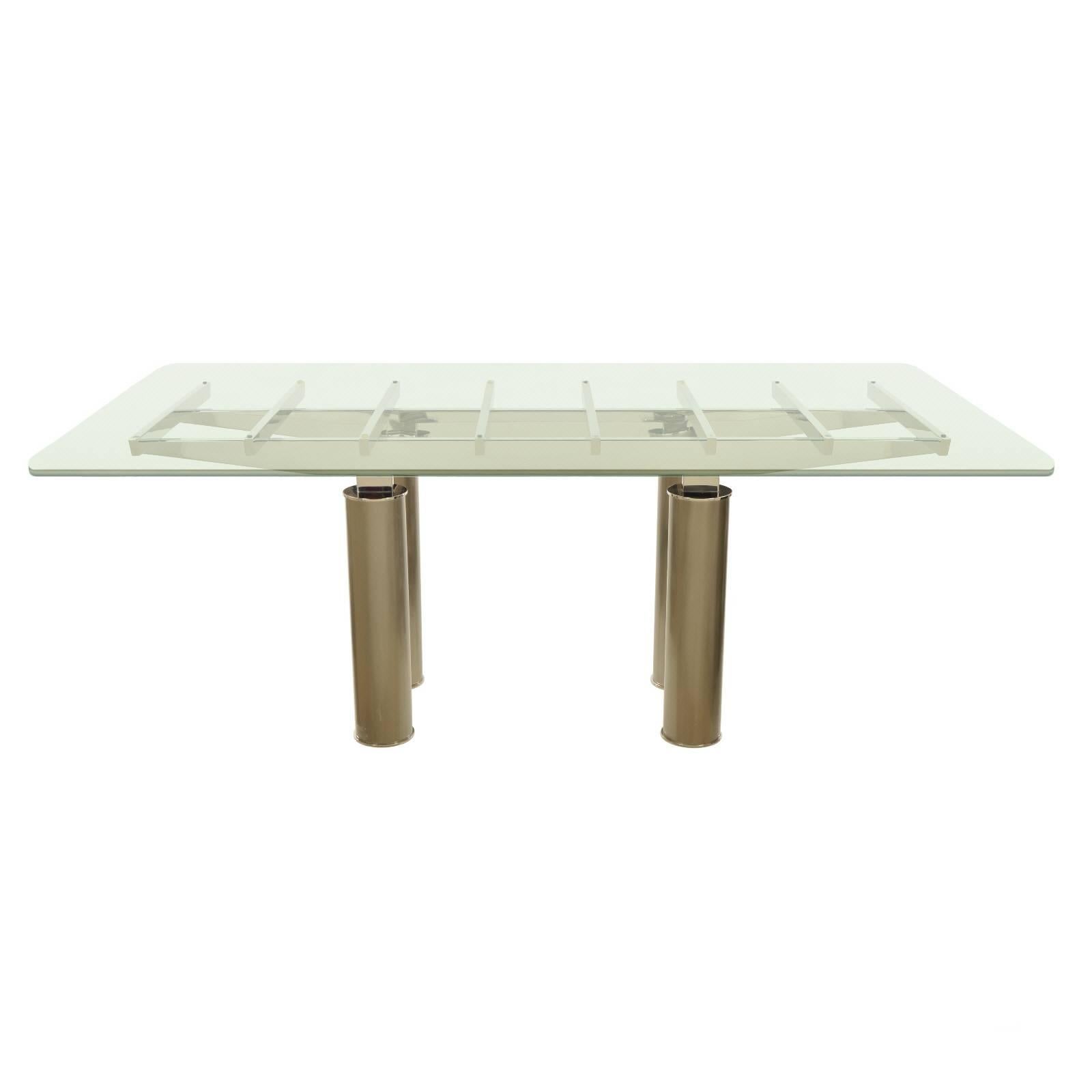 Brueton Glass, Chrome and Stainless Steel Dining Table by Tamarkin-Techler Group For Sale