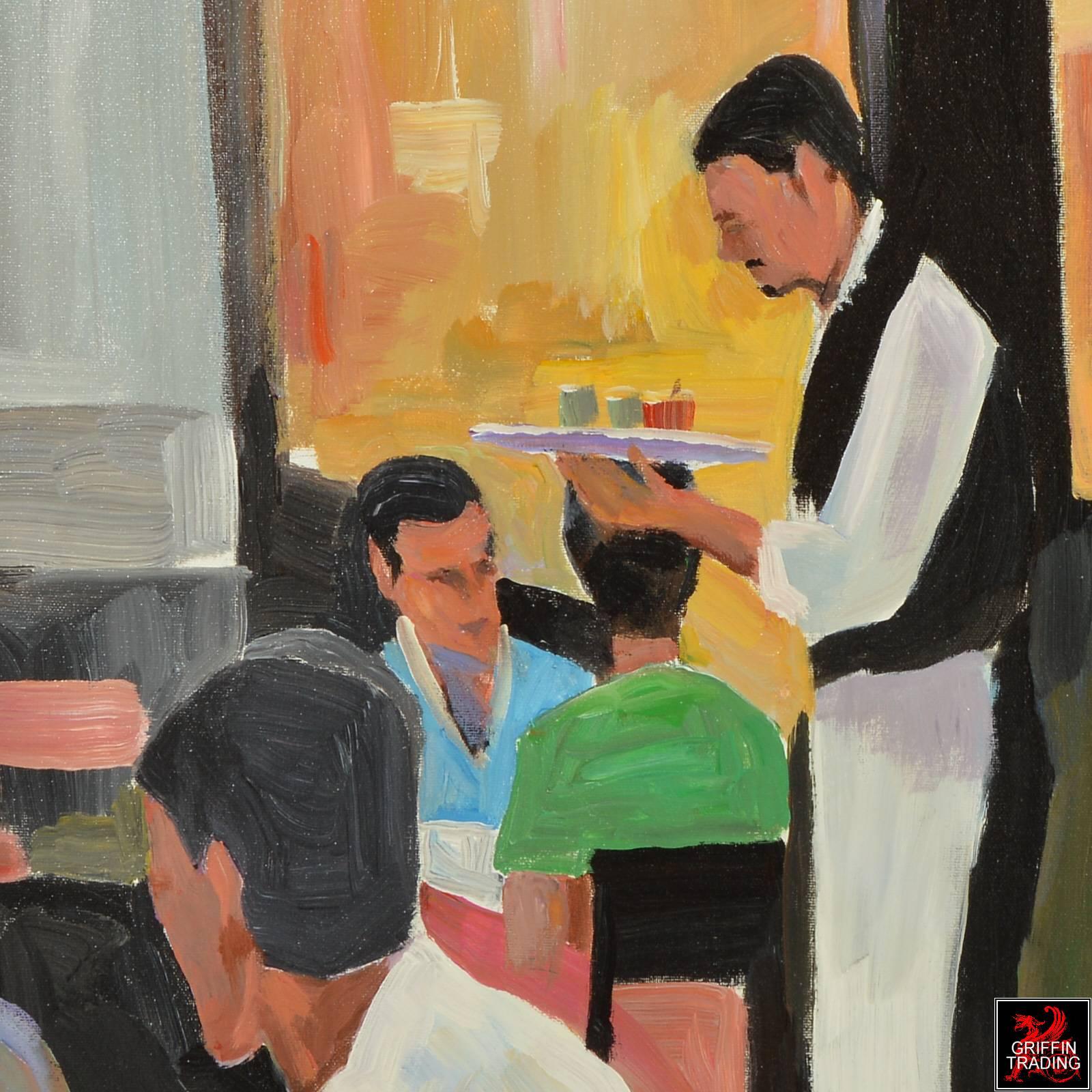 Modern Le Cafe French Restaurant Scene Signed Original Painting For Sale