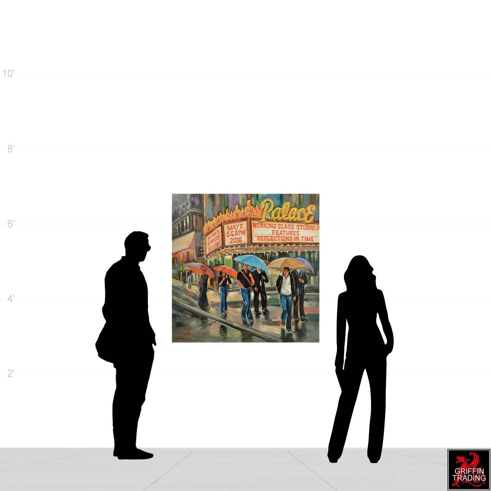 Titled palace theatre this large painting depicts a rainy street scene with people walking by a Classic movie house. Reminiscent of the days gone by, the brightly lit theatre marquee reflects on the wet sidewalk below as passers-by take shelter