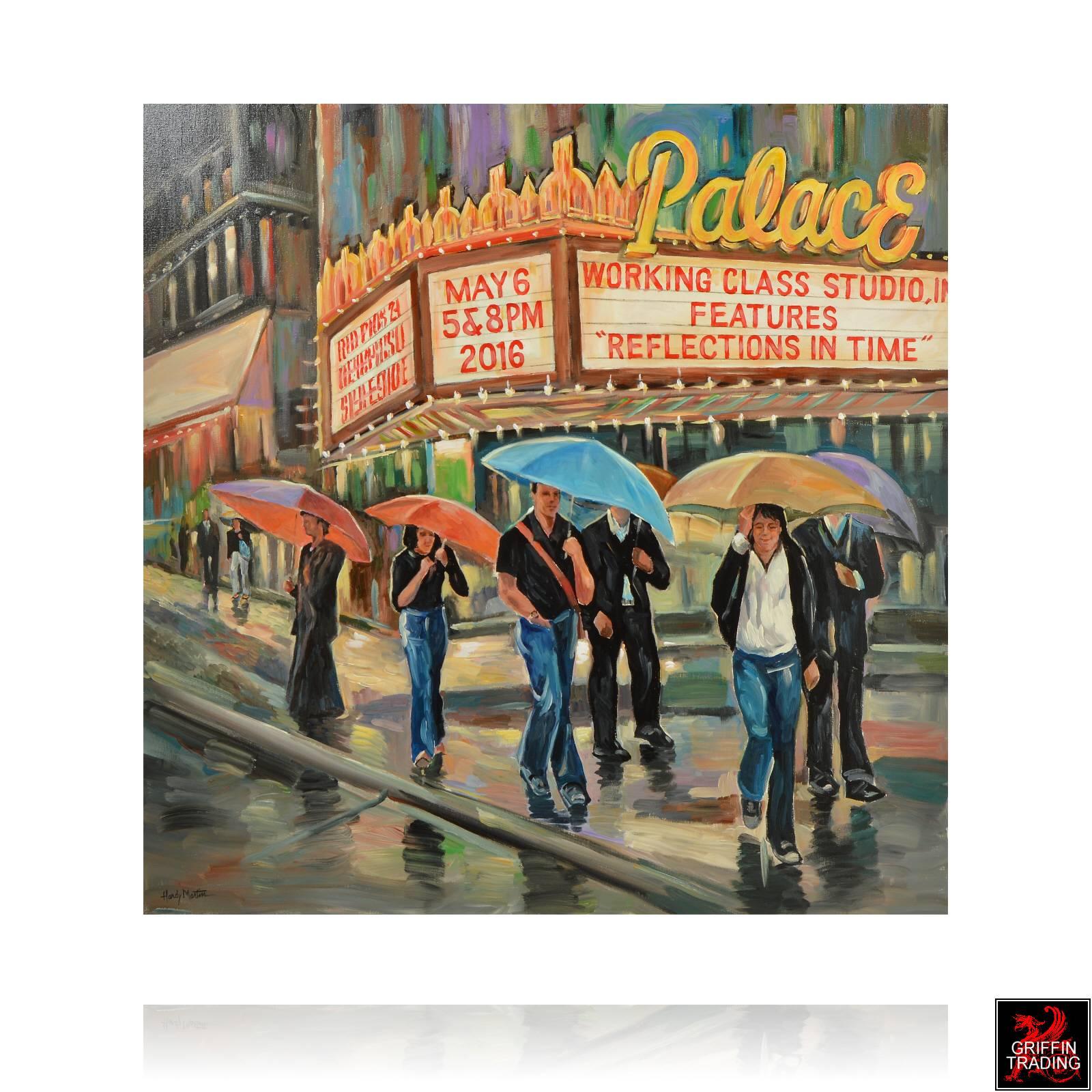 Modern Palace Movie Theater Street Scene in the Rain Signed Original Painting For Sale