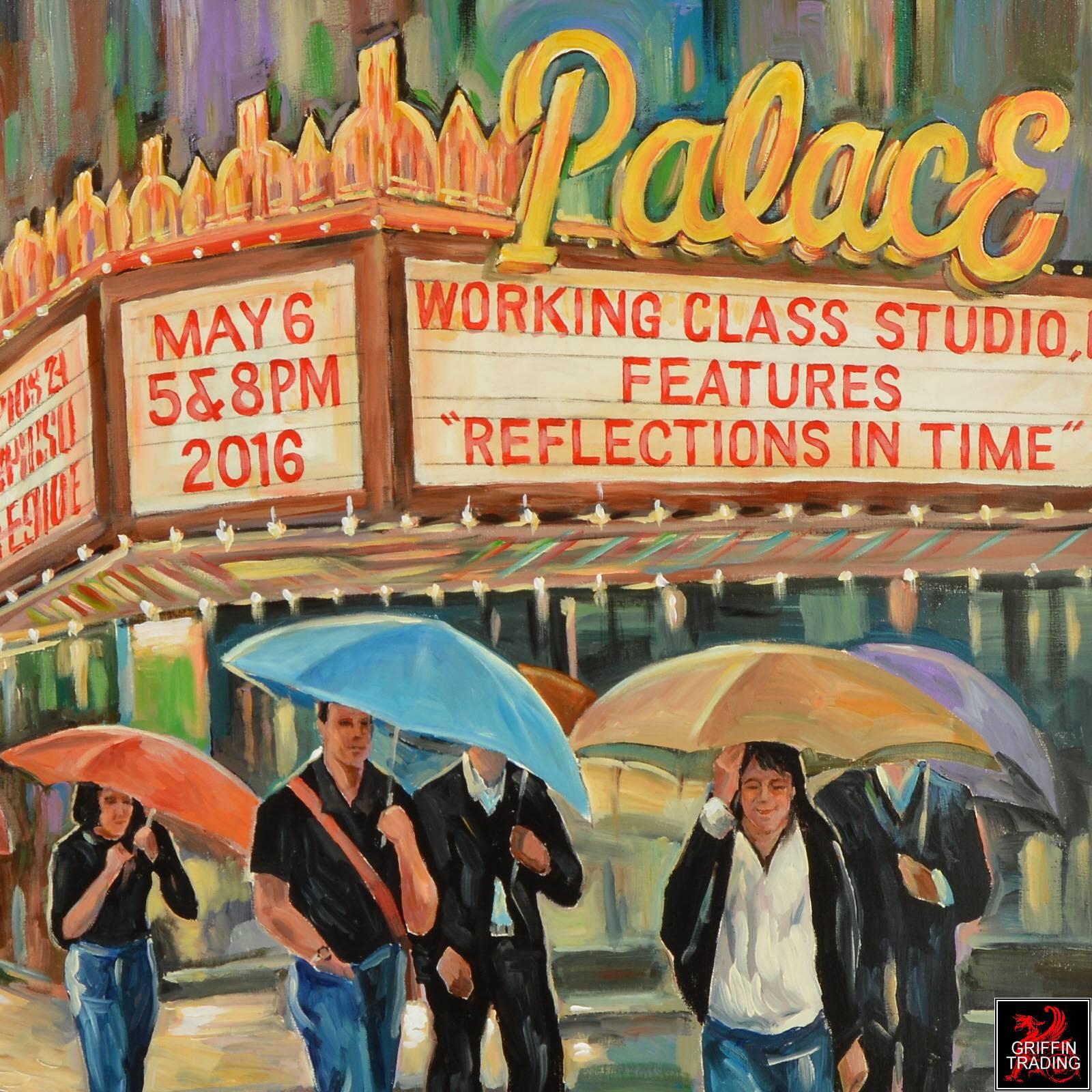 American Palace Movie Theater Street Scene in the Rain Signed Original Painting For Sale