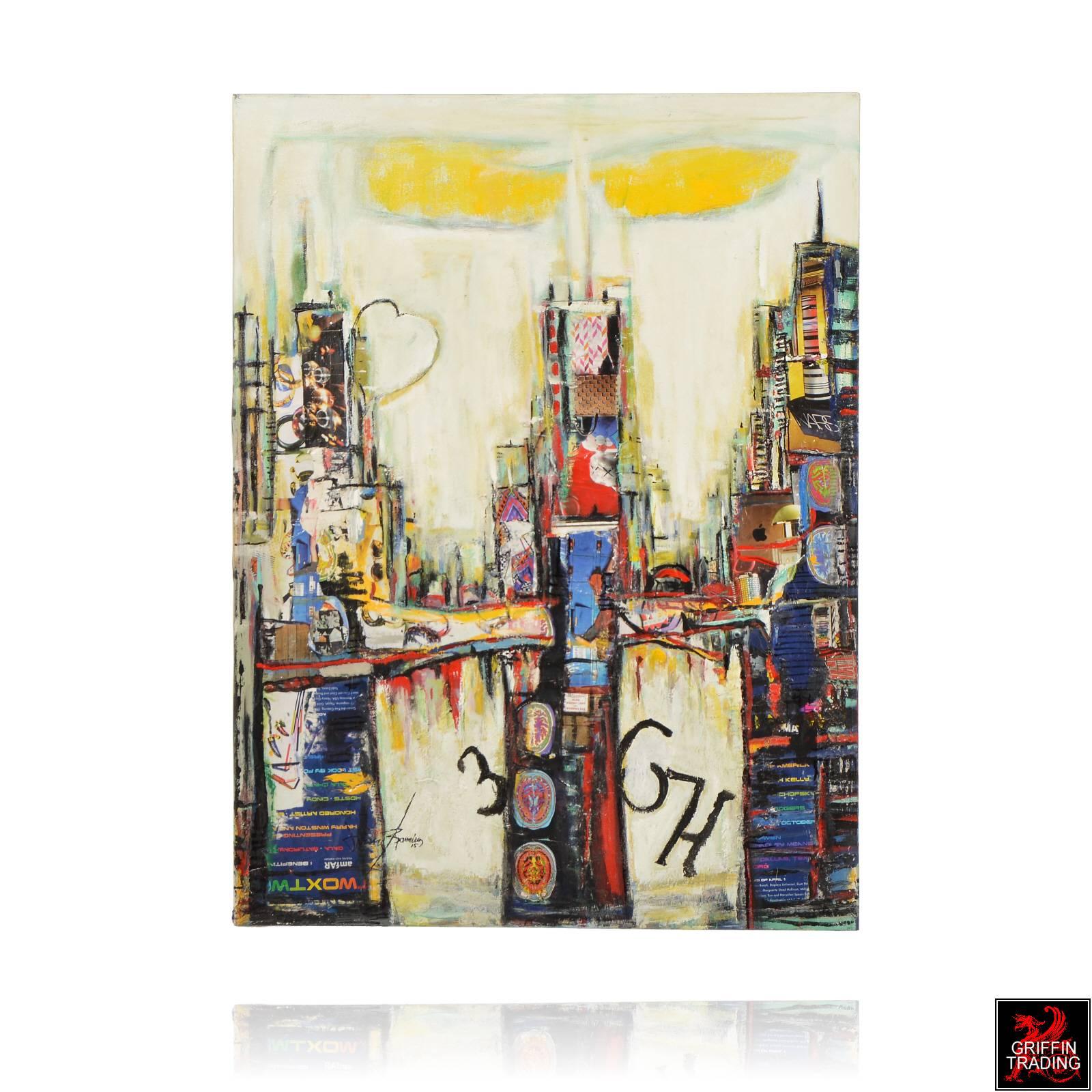 Modern Chicago Cityscape Mixed-Media Collage Signed Original Painting For Sale