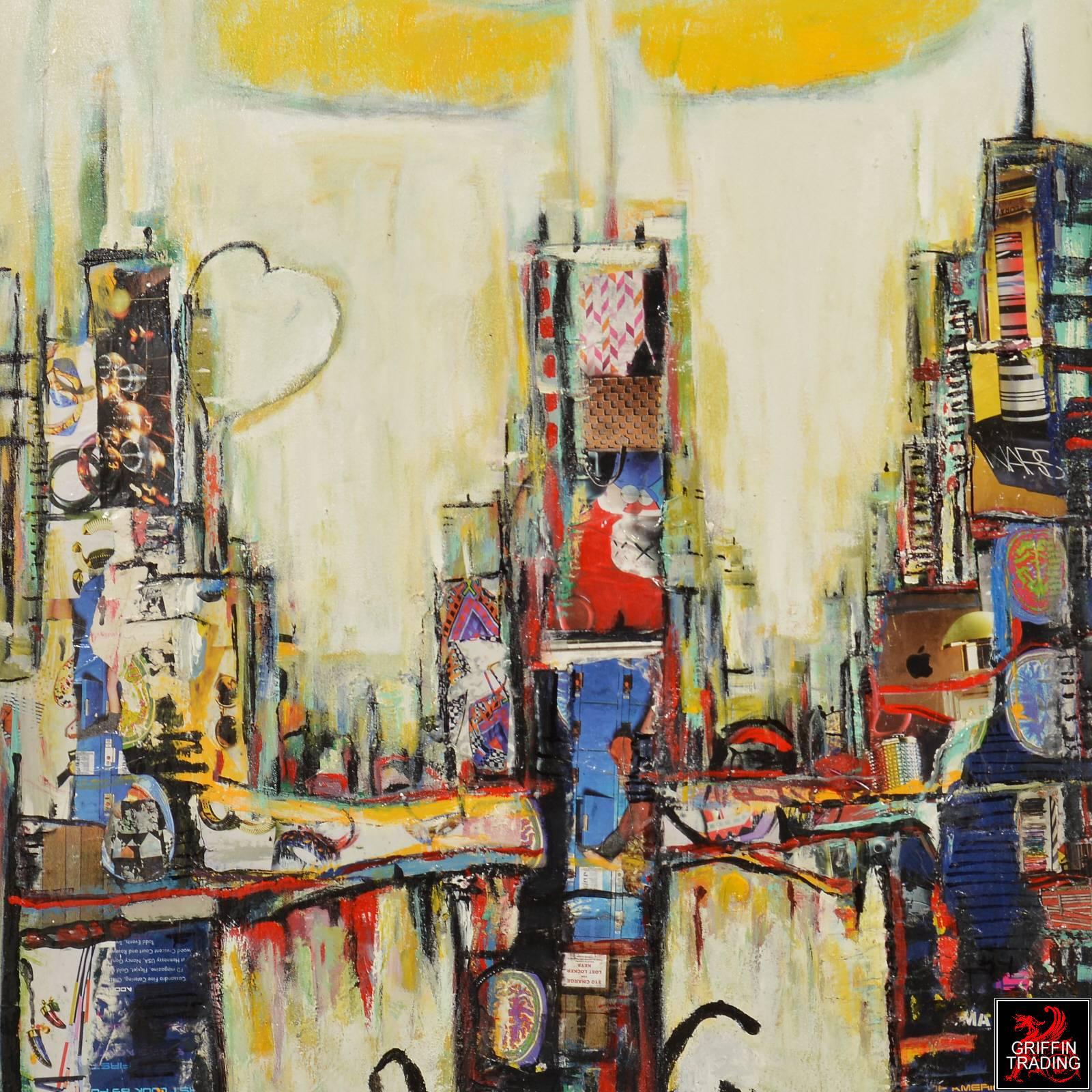 American Chicago Cityscape Mixed-Media Collage Signed Original Painting For Sale