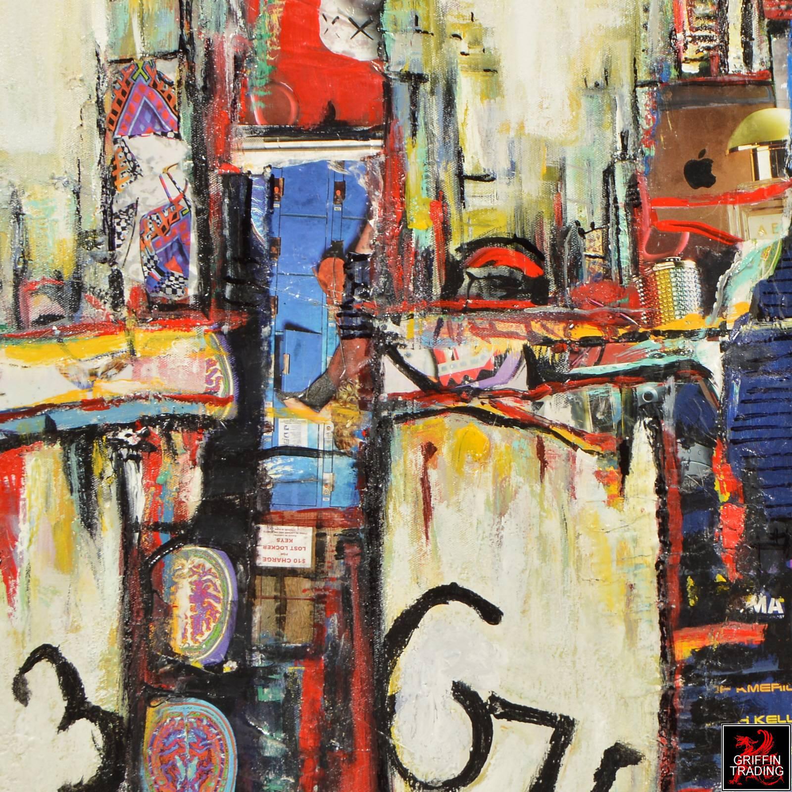 Chicago Cityscape Mixed-Media Collage Signed Original Painting In Excellent Condition For Sale In Dallas, TX