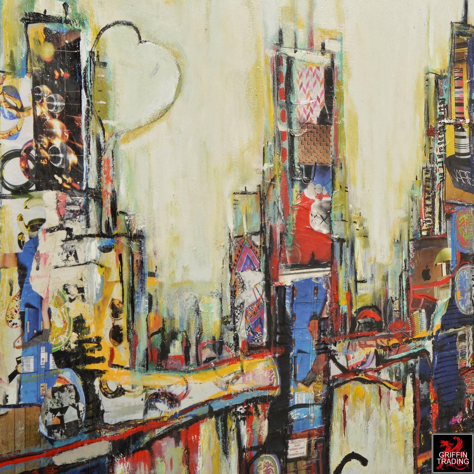 Hand-Painted Chicago Cityscape Mixed-Media Collage Signed Original Painting For Sale