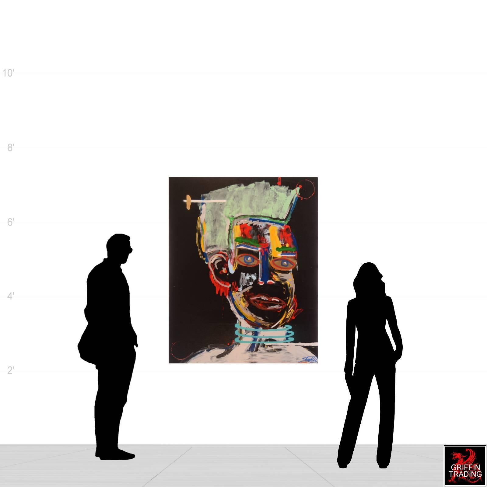 This abstract portrait  is a signed original mixed media painting by artist Michael Shellis. The bold design and bright colors make this a stand out piece for any home or business. Painted on a gallery wrapped canvas with a 1.5″ deep