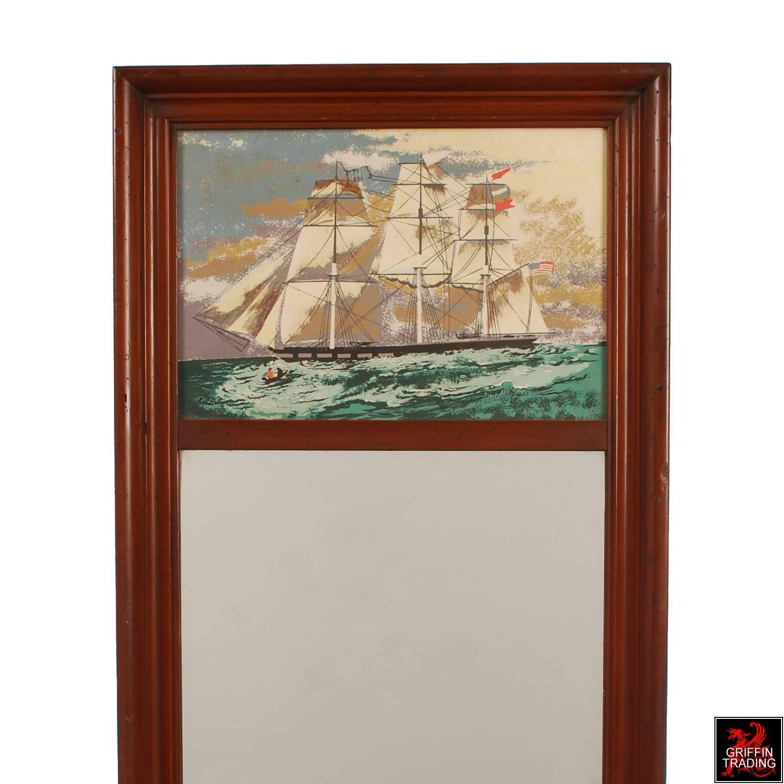 Trumeau Wall Mirror with Tall Ship Painting by Margo Alexander In Good Condition For Sale In Dallas, TX