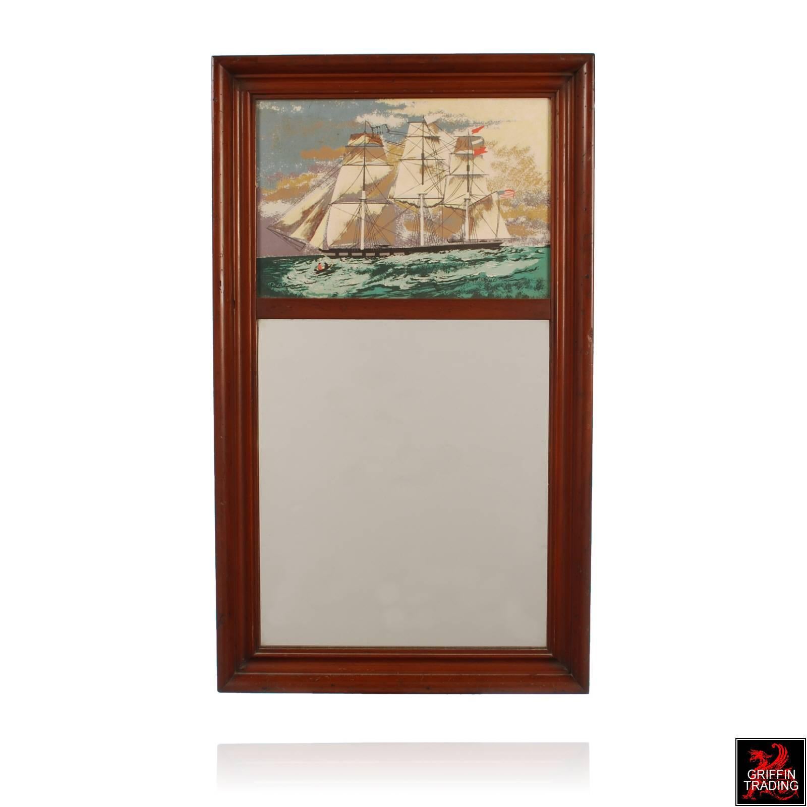 American Trumeau Wall Mirror with Tall Ship Painting by Margo Alexander For Sale